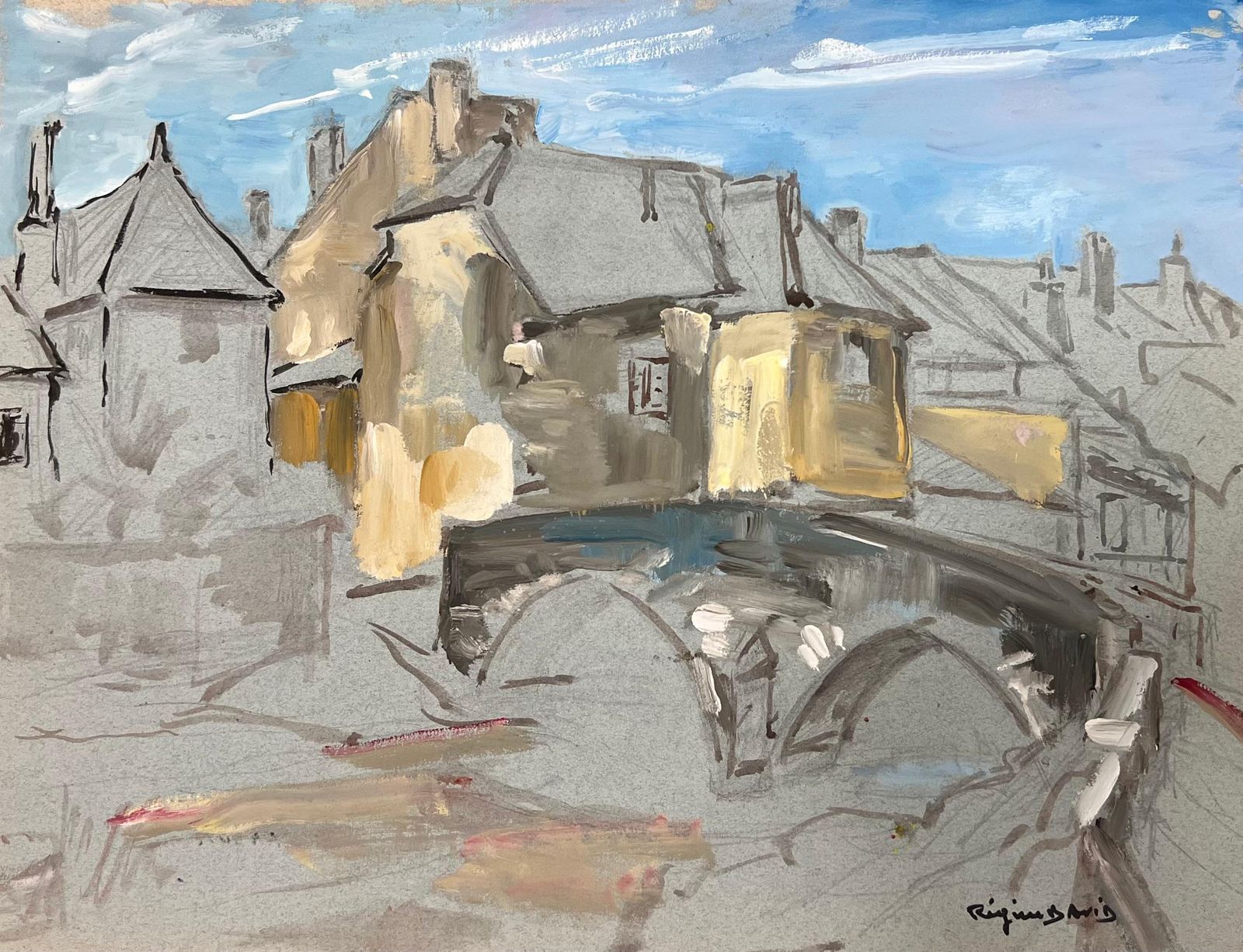 Regine Davidimpressionistic Depiction Of A Quaint French Village Scene With Stone Bridge1950's