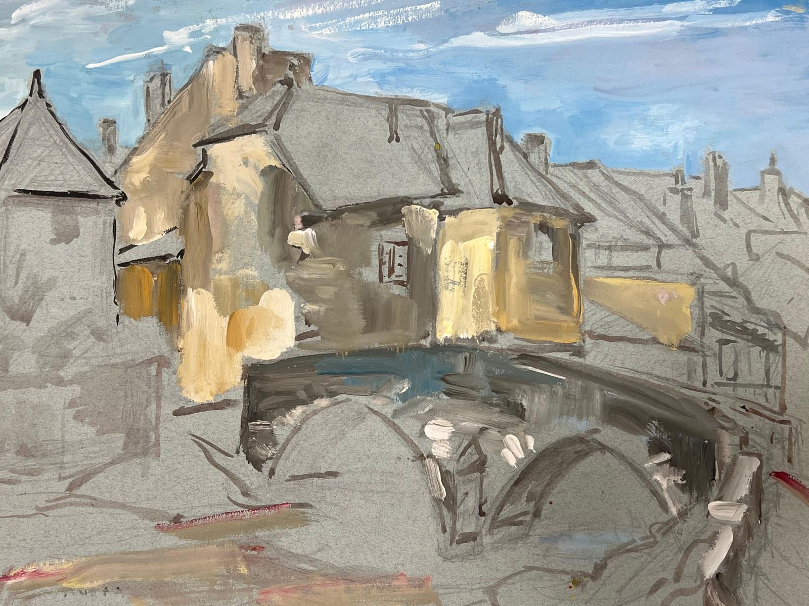 Regine Davidimpressionistic Depiction Of A Quaint French Village Scene With Stone Bridge1950's photo for sale