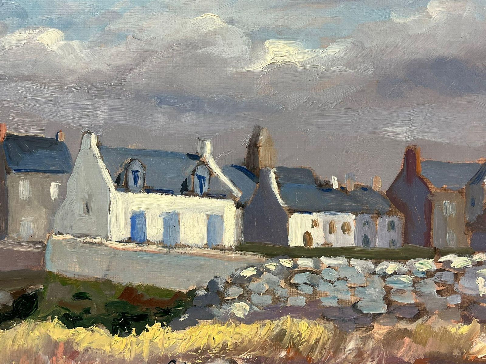 Georges Bordonovemoody Seaside Village French Landscape With Stormy Sky And Windswept Grasses1997 photo Art