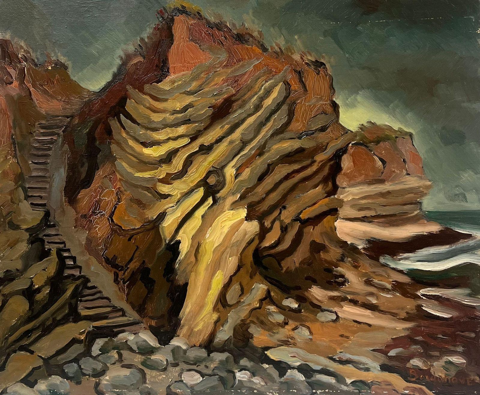 Georges Bordonovefrench Landscape Dramatic Rock Formations And Coastal Stairs Leading To The Sea1997