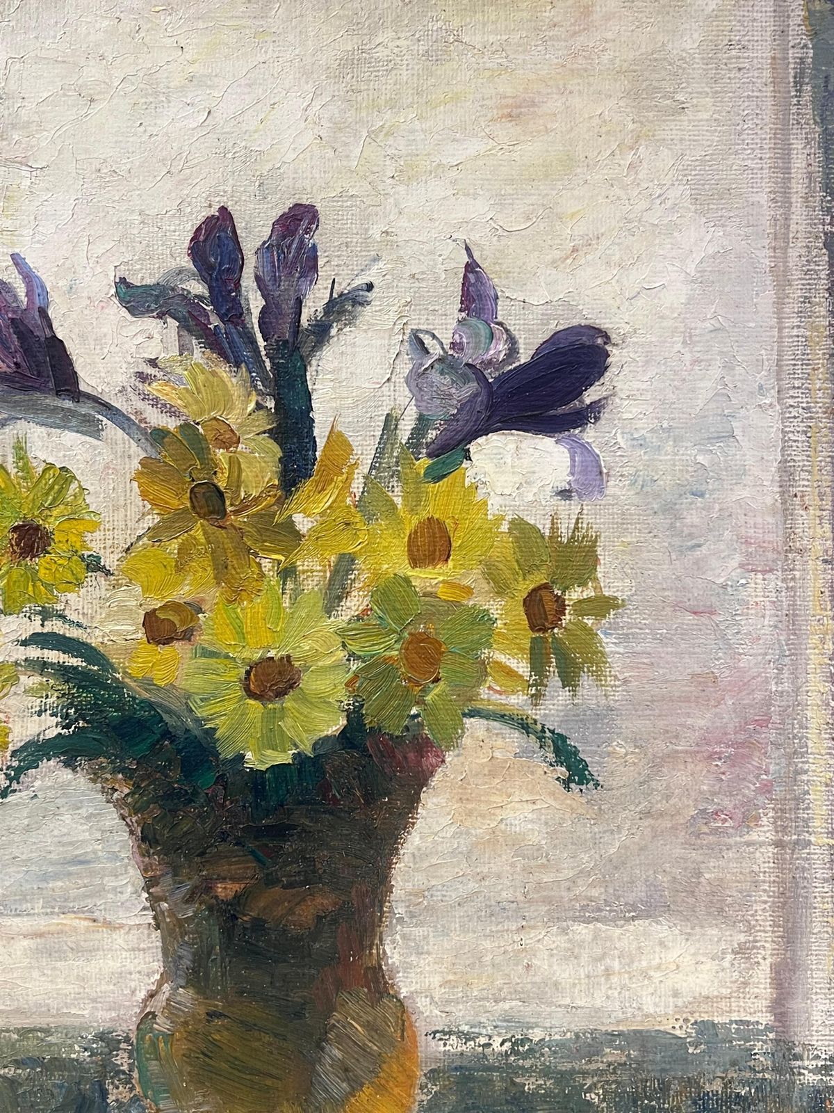 Simone Forge1930's French Oil Bright Still Life Yellow Daisies Purple Irises In A Glass Vase photo for sale