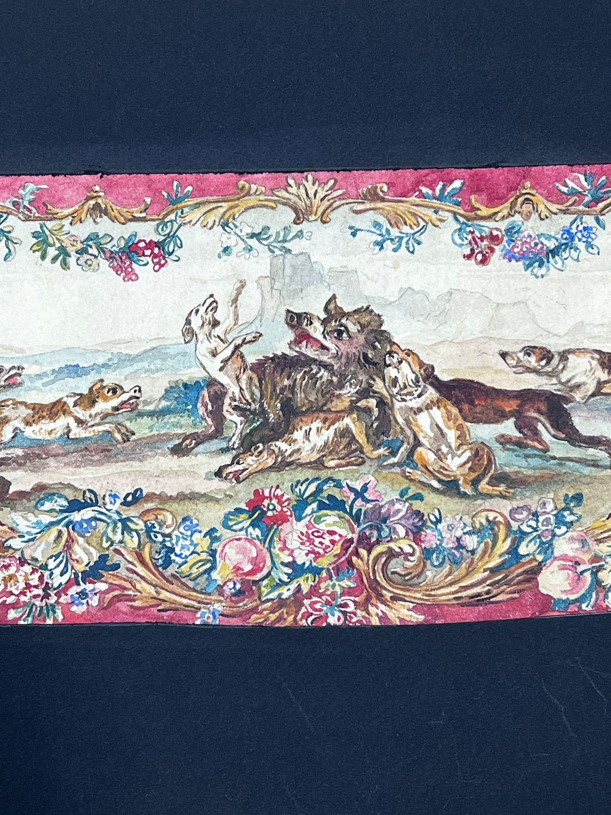 French Schoolexuberant Hunting Scene With Dogs In Motion Ornate Rococo Floral Scrollworkearly 19th Century photo furniture