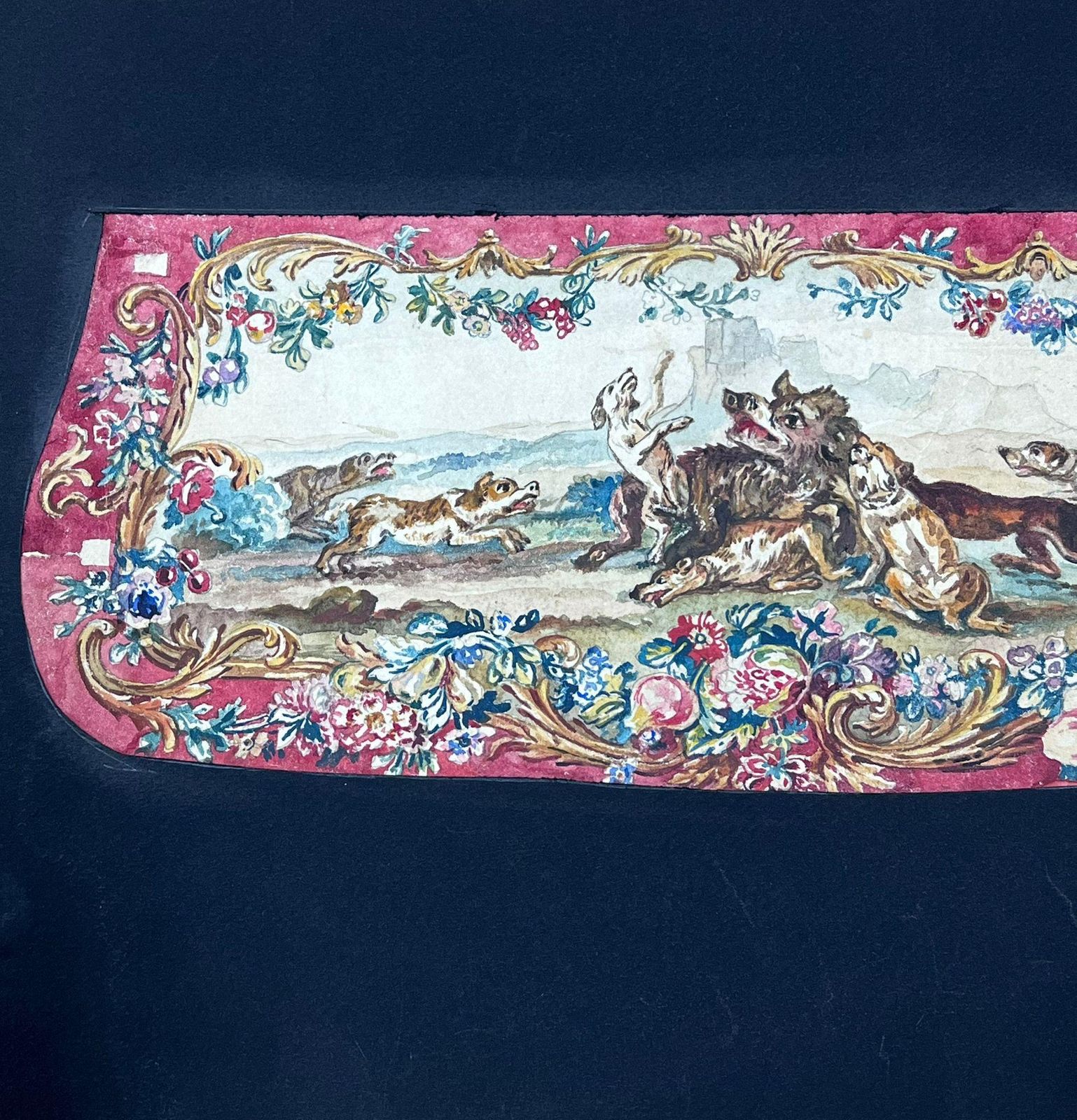 French Schoolexuberant Hunting Scene With Dogs In Motion Ornate Rococo Floral Scrollworkearly 19th Century photo Art