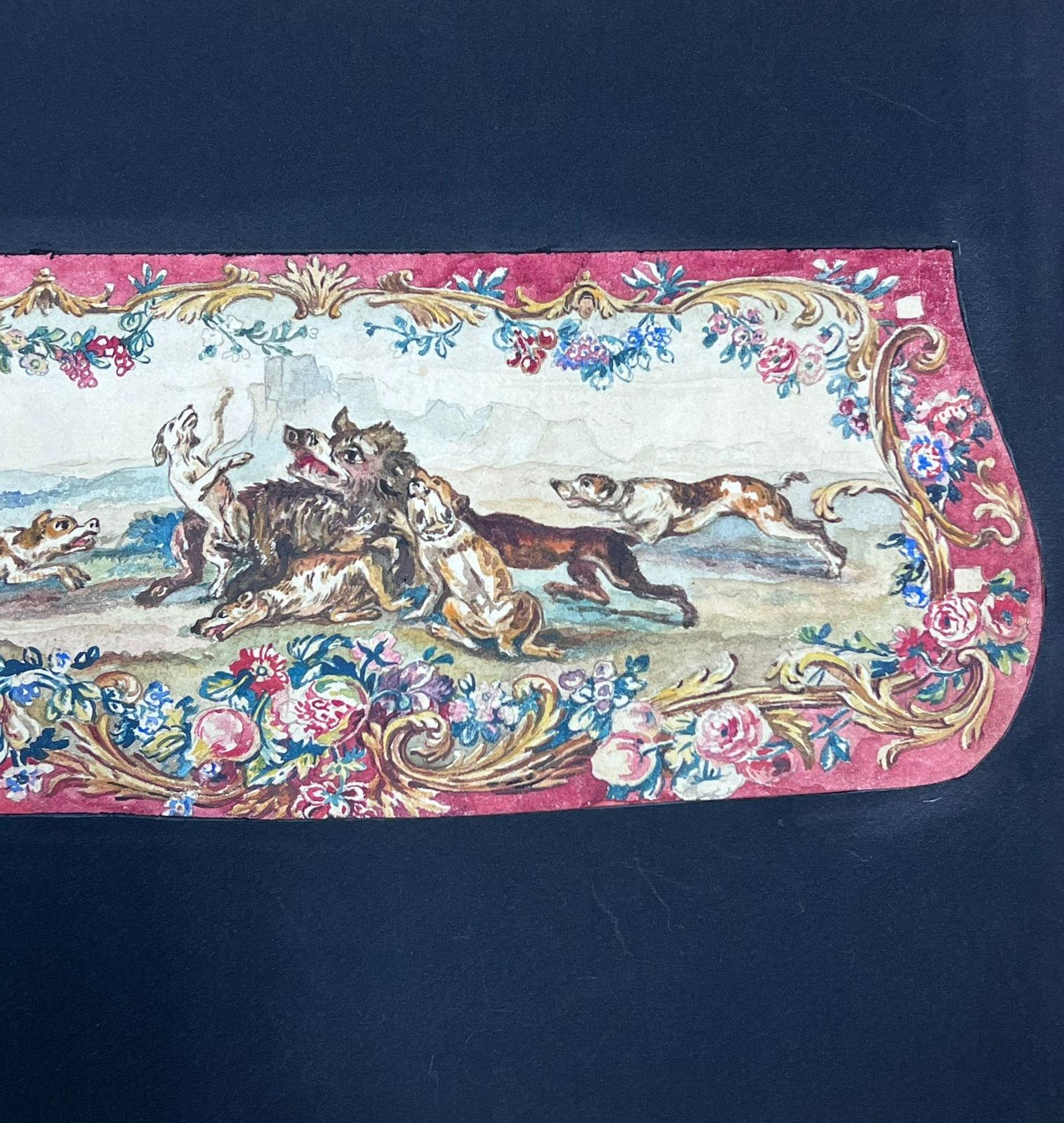 French Schoolexuberant Hunting Scene With Dogs In Motion Ornate Rococo Floral Scrollworkearly 19th Century photo 193.0