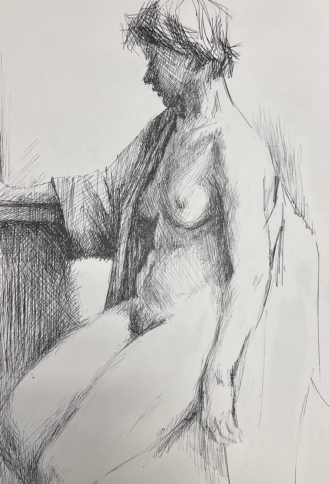 Josine Vignonexpressive Pen And Ink Drawing Of A Seated Nude Woman French Sketch1950s photo furniture
