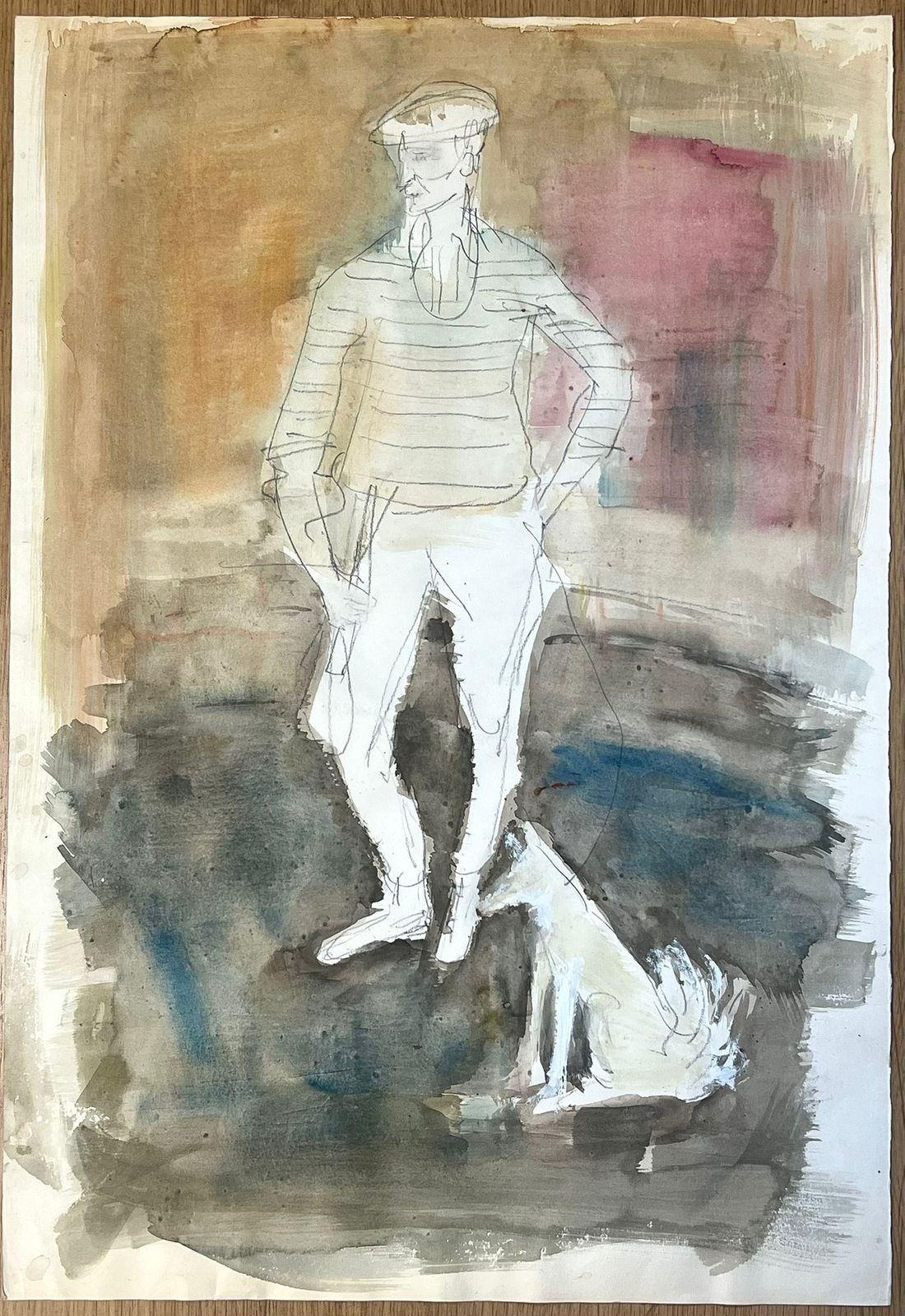 édouard Righetti (1924 2001)contemplative Figure With Dog Abstract Watercolor Sketch1950's photo furniture
