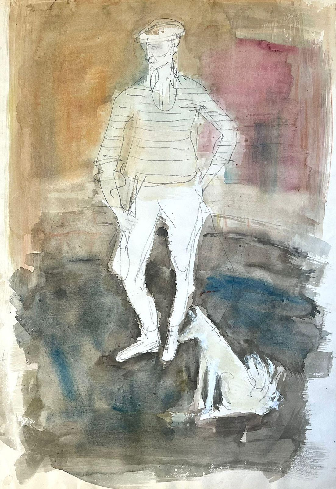 édouard Righetti (1924 2001)contemplative Figure With Dog Abstract Watercolor Sketch1950's photo vinterior