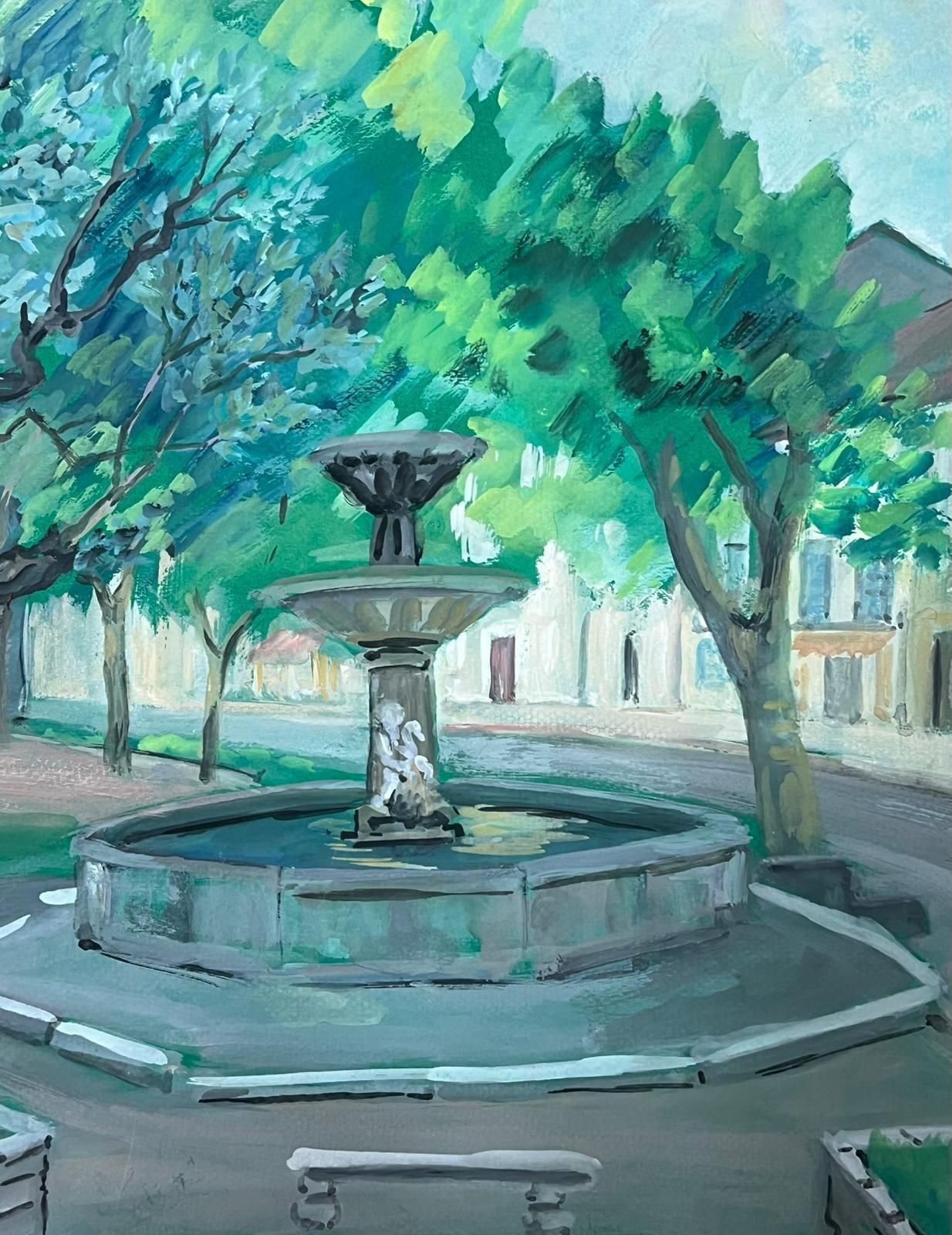 Regine Davidvillage Square With Majestic Olive Tree And Elegant Fountain Provincial Life1950's photo for sale