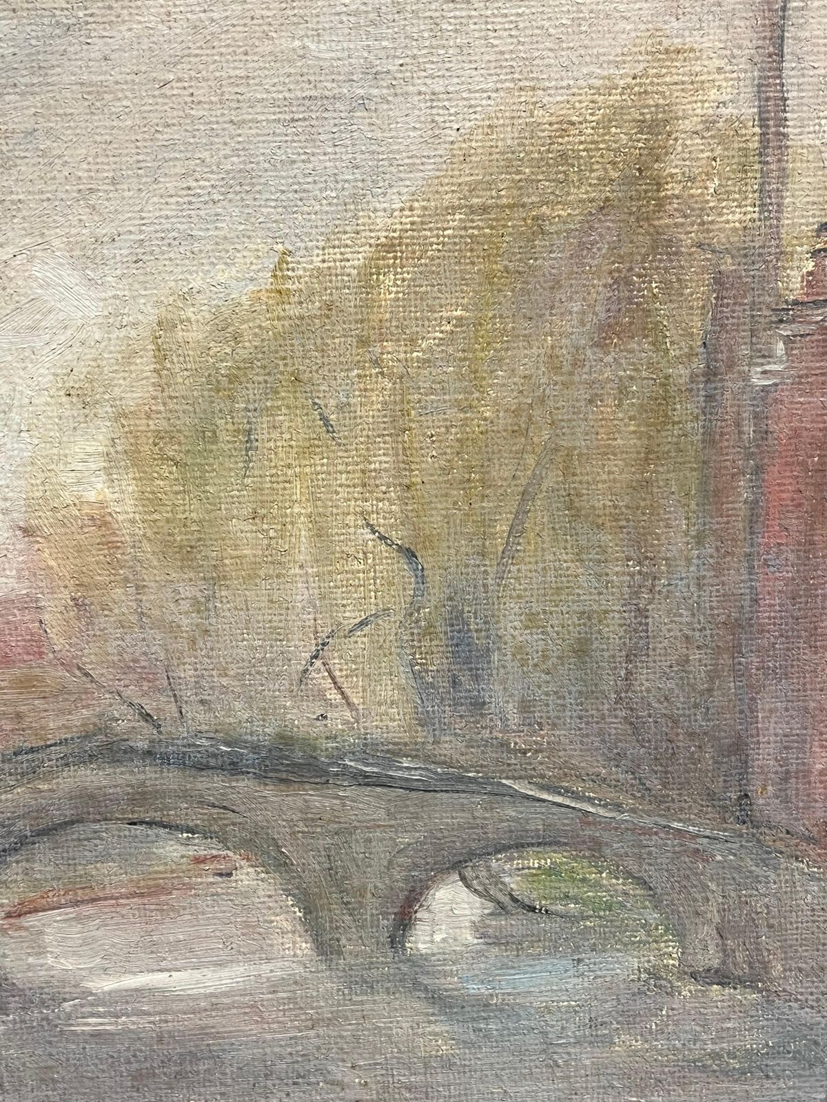 Simone Forge1930's French Impressionist Rendered Bridge Scene With Hazy Autumn Trees19th Century photo for sale