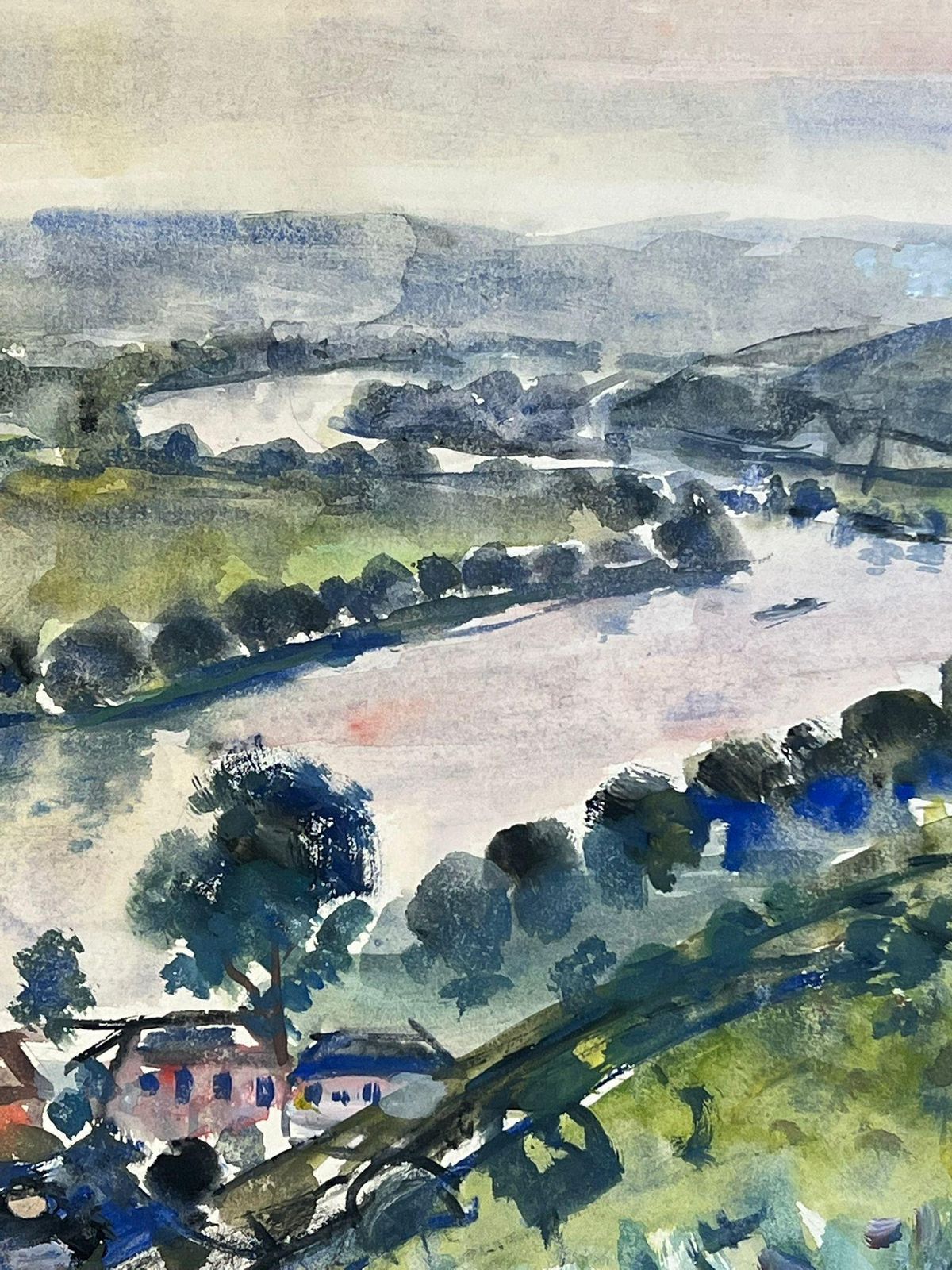 édouard Righetti (1924 2001)expansive River Valley Landscape With Figure Watercolor French Painting1950's photo 631.0