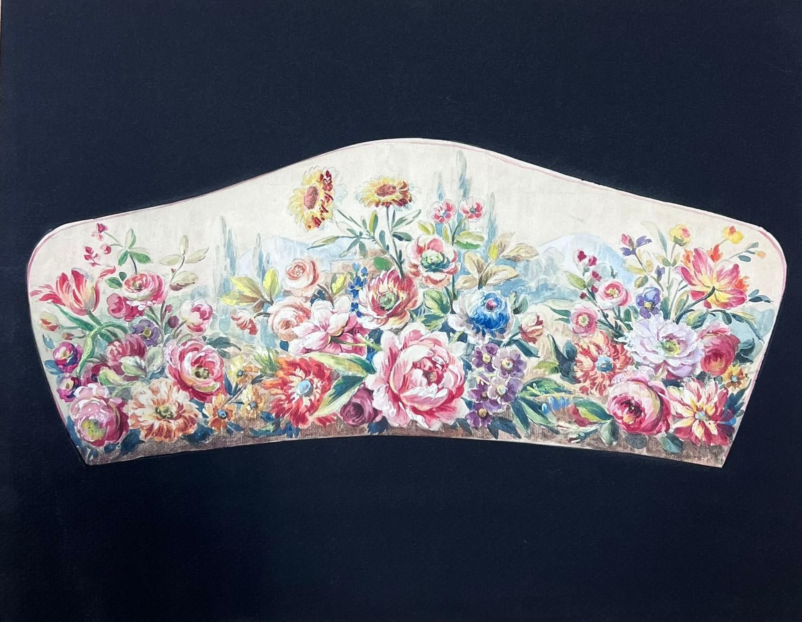 French Schoolexquisite Floral Arrangement With Lush Blooms In A Fan Shaped Composition