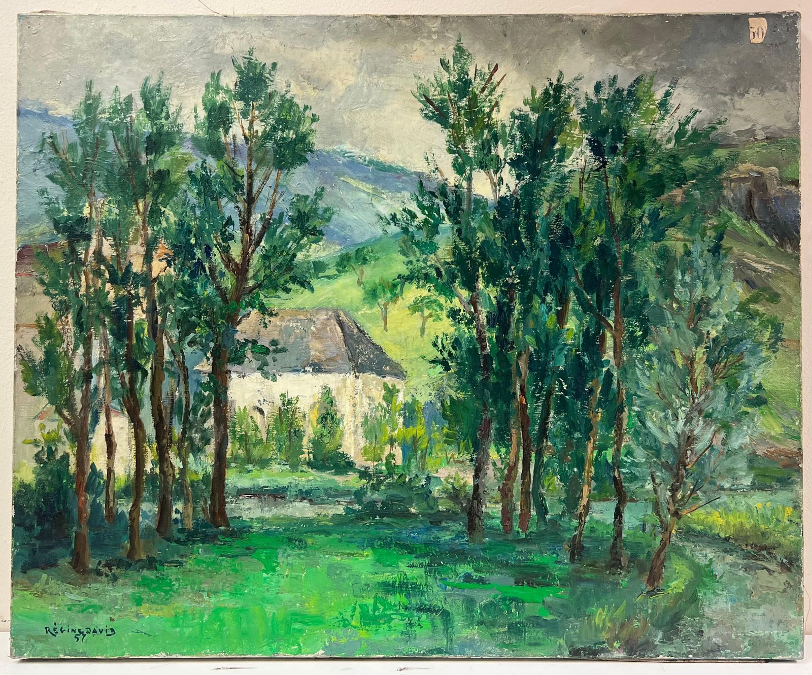 Regine Davidlush Green Landscape With Tall Trees Framing A Quaint Country House1950's