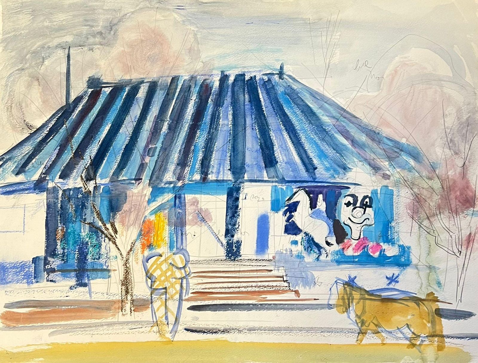 édouard Righetti (1924 2001)ice Cream Shop With Animal Figures And Blue Roof Abstract Watercolour Painting1950's