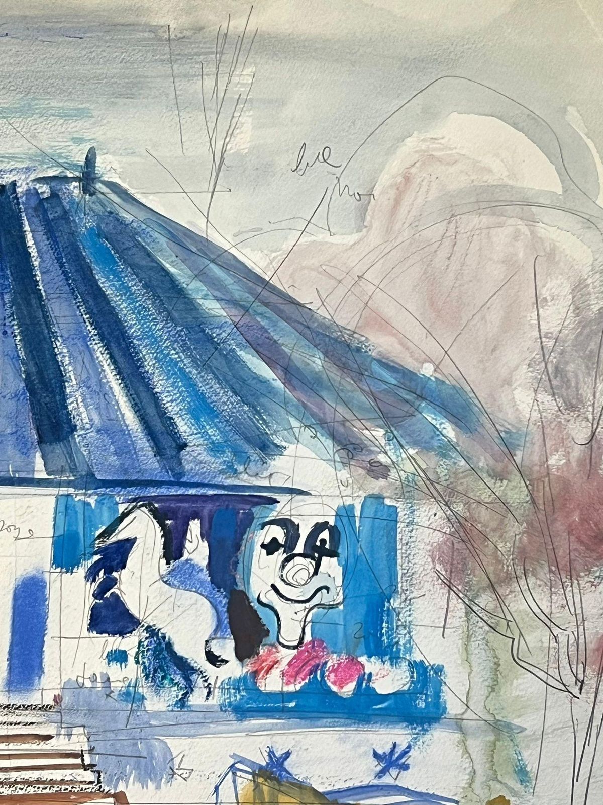 édouard Righetti (1924 2001)ice Cream Shop With Animal Figures And Blue Roof Abstract Watercolour Painting1950's photo for sale