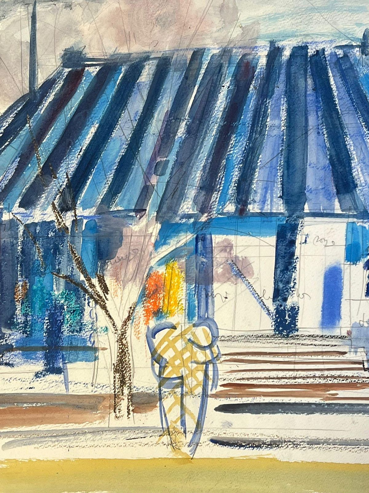 édouard Righetti (1924 2001)ice Cream Shop With Animal Figures And Blue Roof Abstract Watercolour Painting1950's photo Art