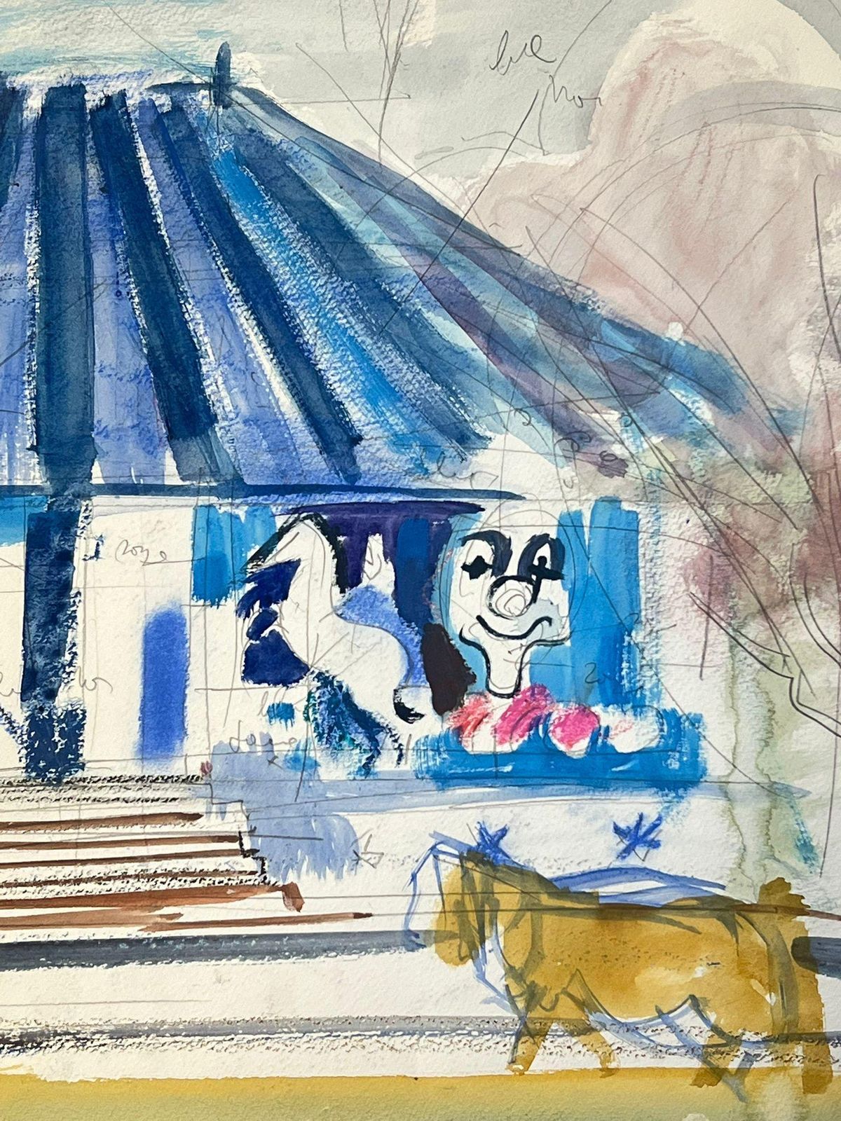 édouard Righetti (1924 2001)ice Cream Shop With Animal Figures And Blue Roof Abstract Watercolour Painting1950's photo 403.0