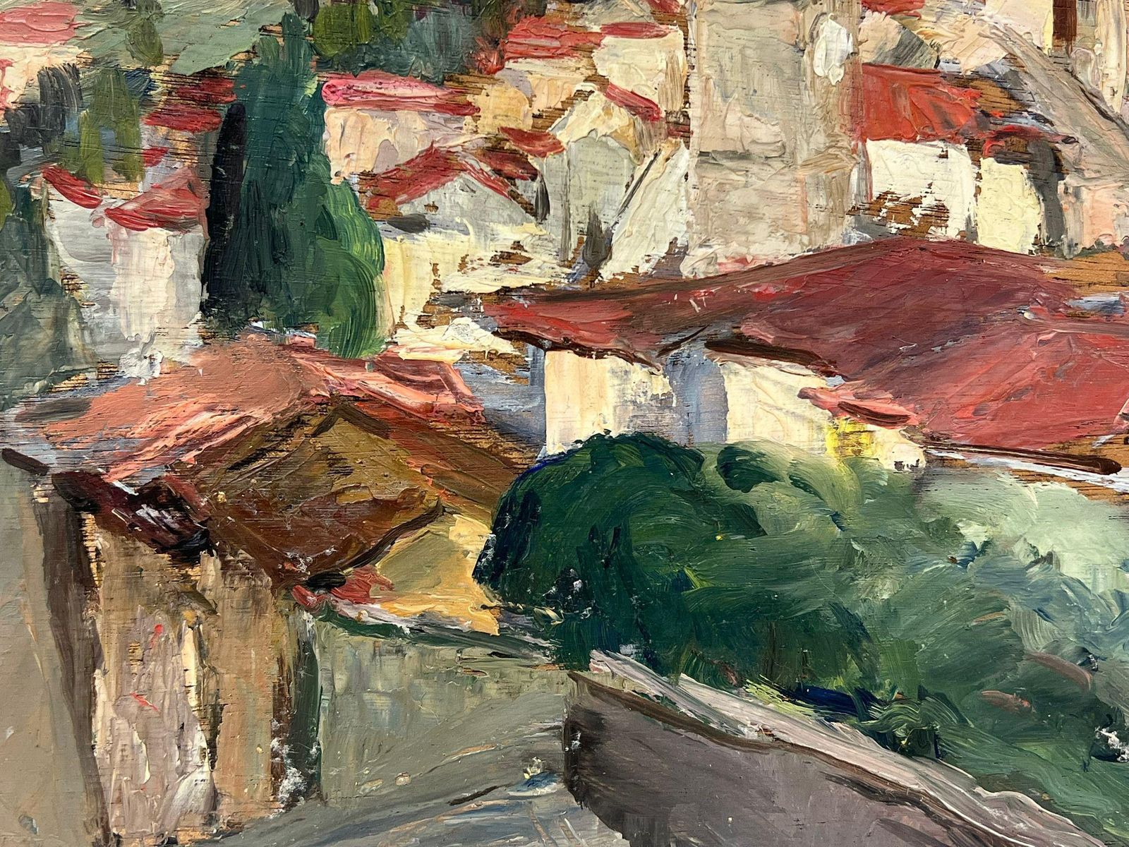 Regine Davidcharming Hilltop Village Scene With Red Tiled Rooftops And Cypress Trees1950's photo for sale