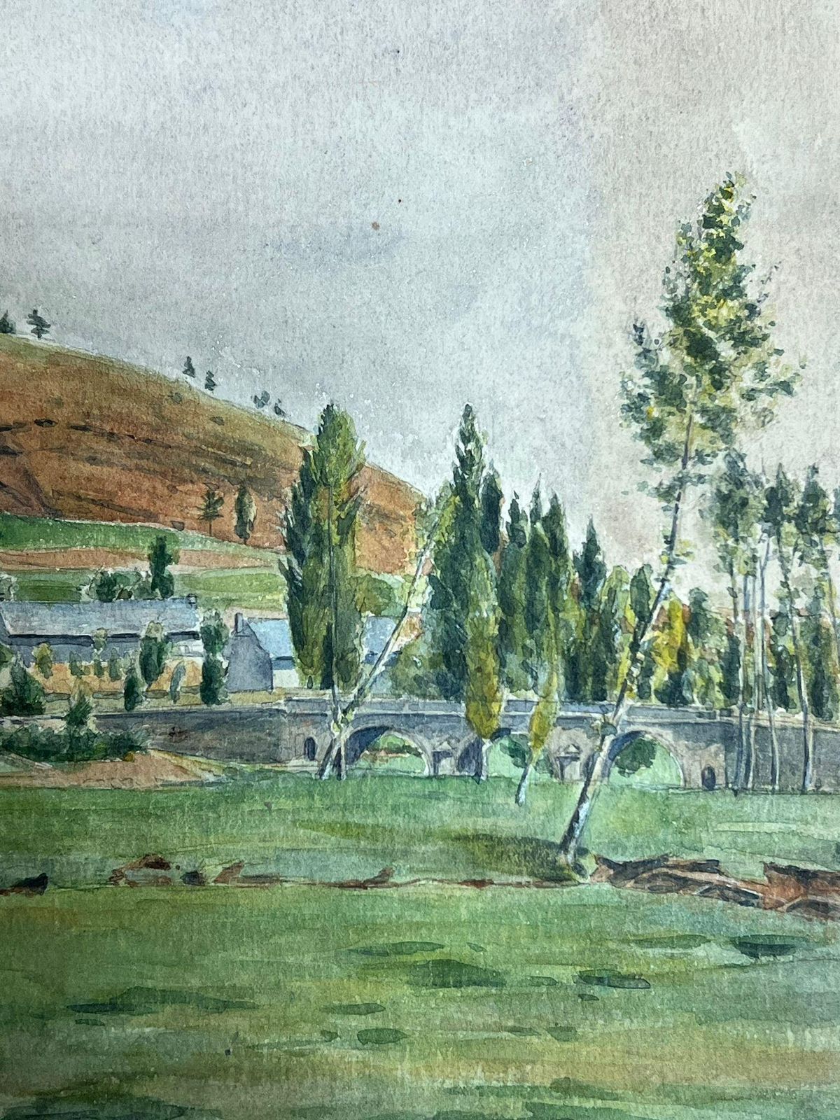 Regine Davidquaint Village Landscape With Rolling Hills And Stone Bridge Detailed Watercolor1957 photo for sale