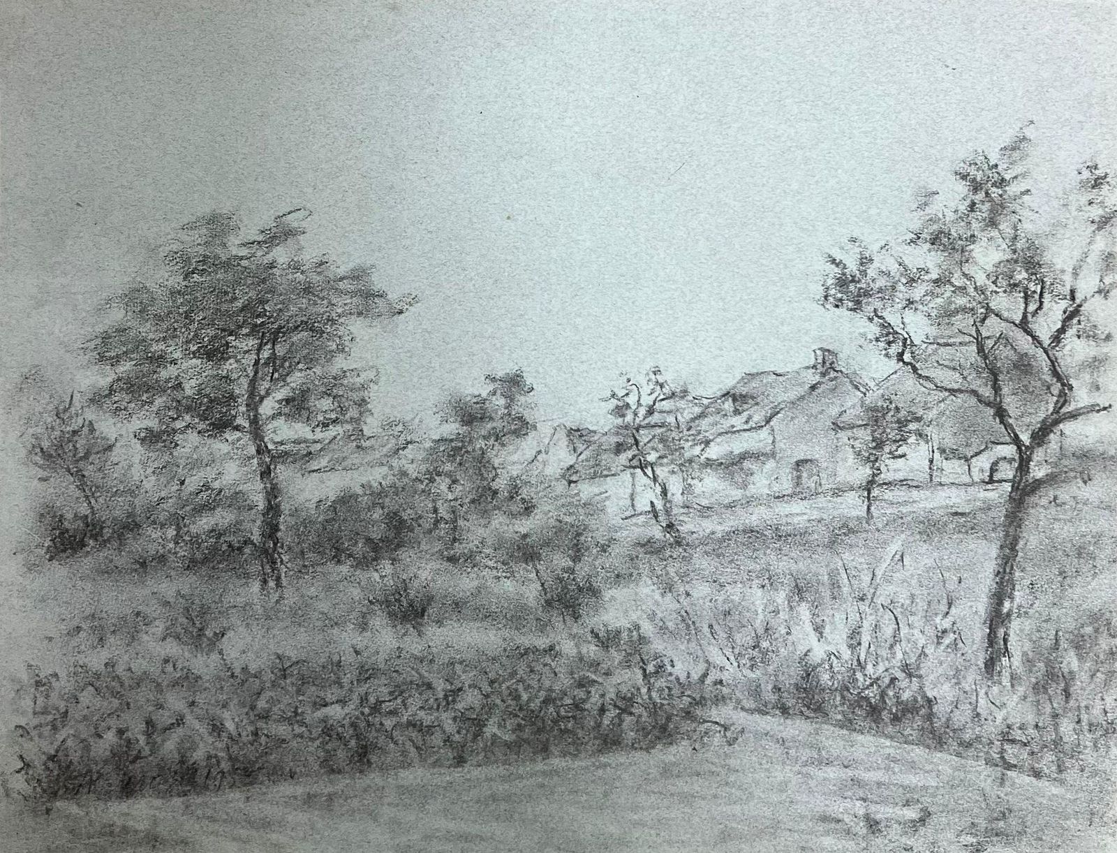 Regine Davidquiet Countryside Scene With Trees And Distant Cottage Serene Charcoal Drawing1947