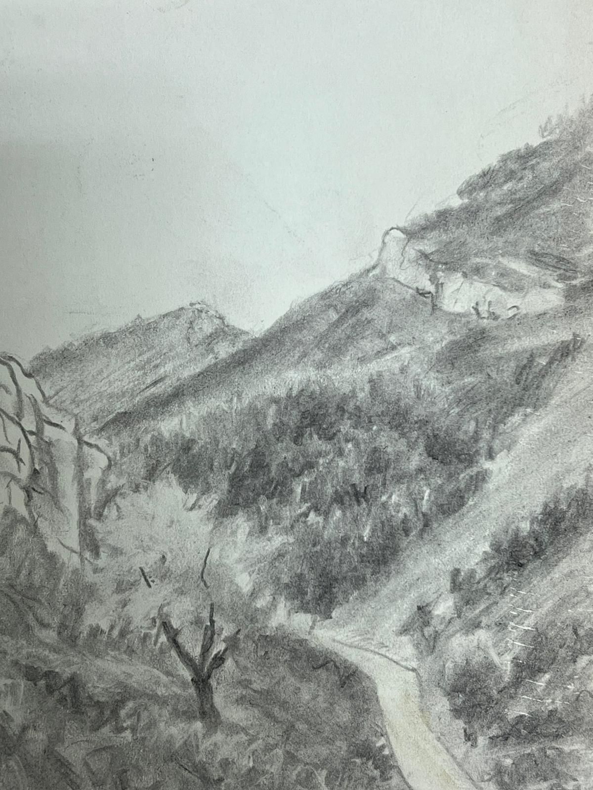 Regine Davidmountainous Landscape With Winding Path Atmospheric Black & White Drawing1957 photo for sale
