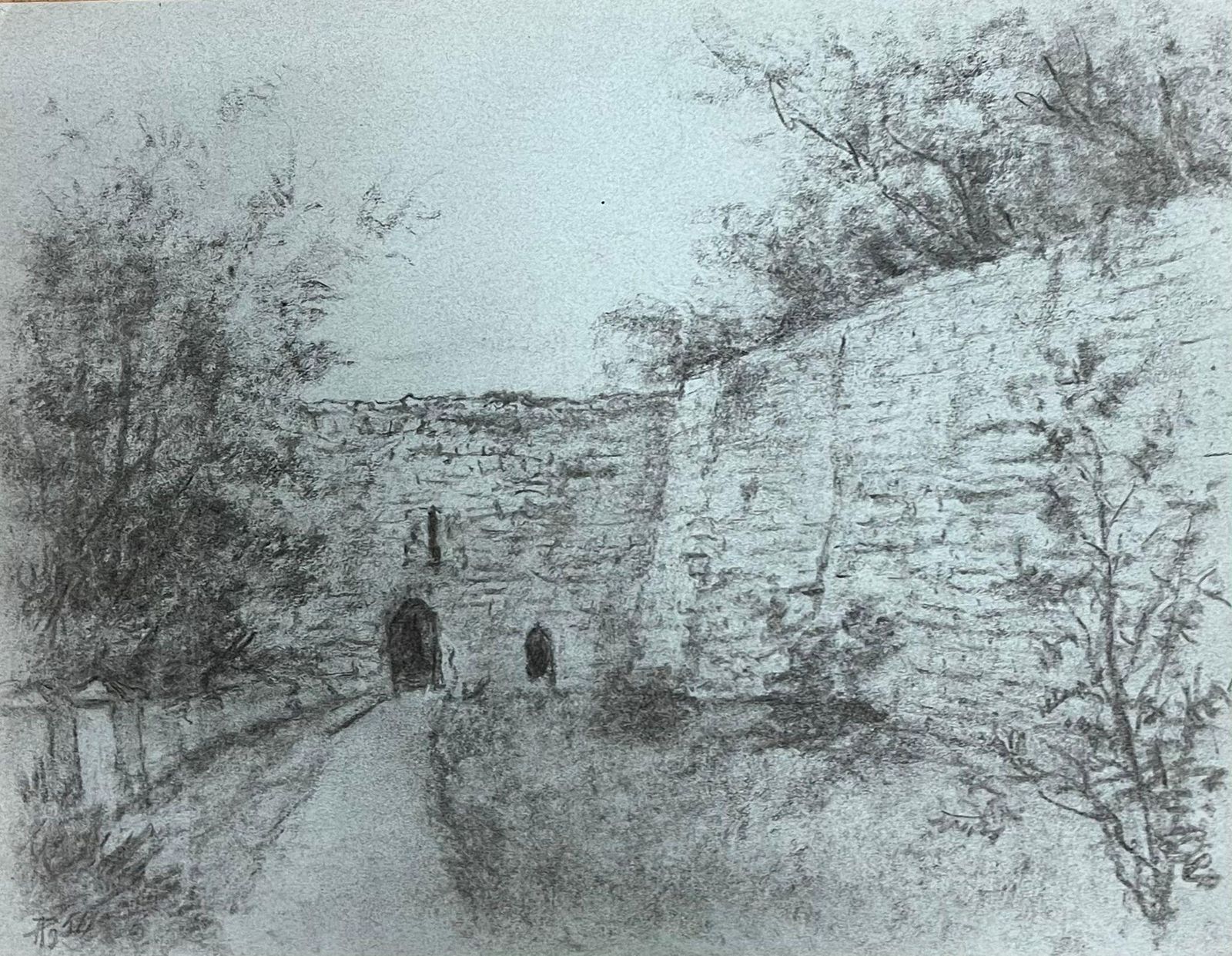 Regine Davidmedieval Stone Ruins With Archway Atmospheric Charcoal Drawing1947