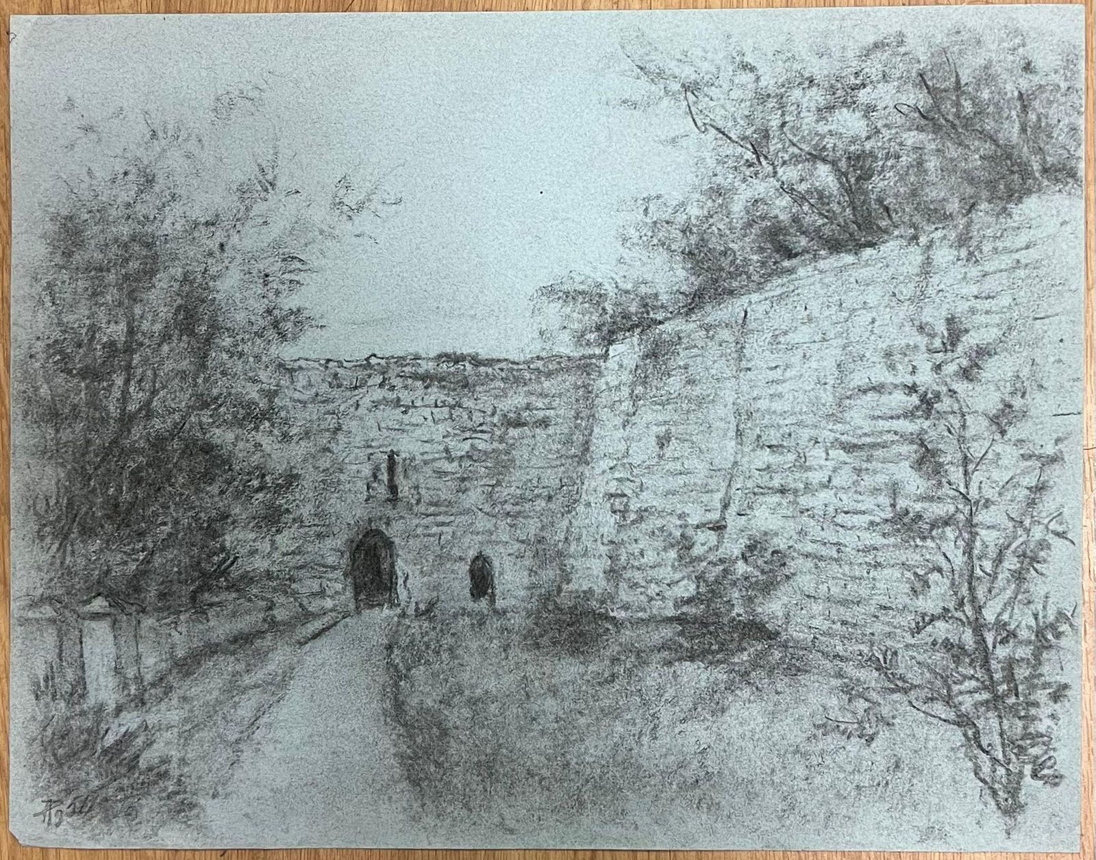 Regine Davidmedieval Stone Ruins With Archway Atmospheric Charcoal Drawing1947 photo furniture
