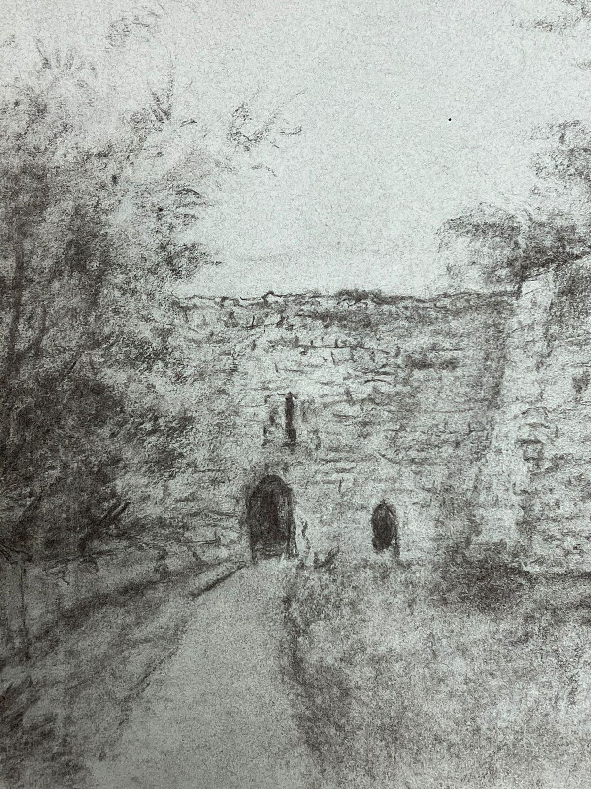 Regine Davidmedieval Stone Ruins With Archway Atmospheric Charcoal Drawing1947 photo for sale