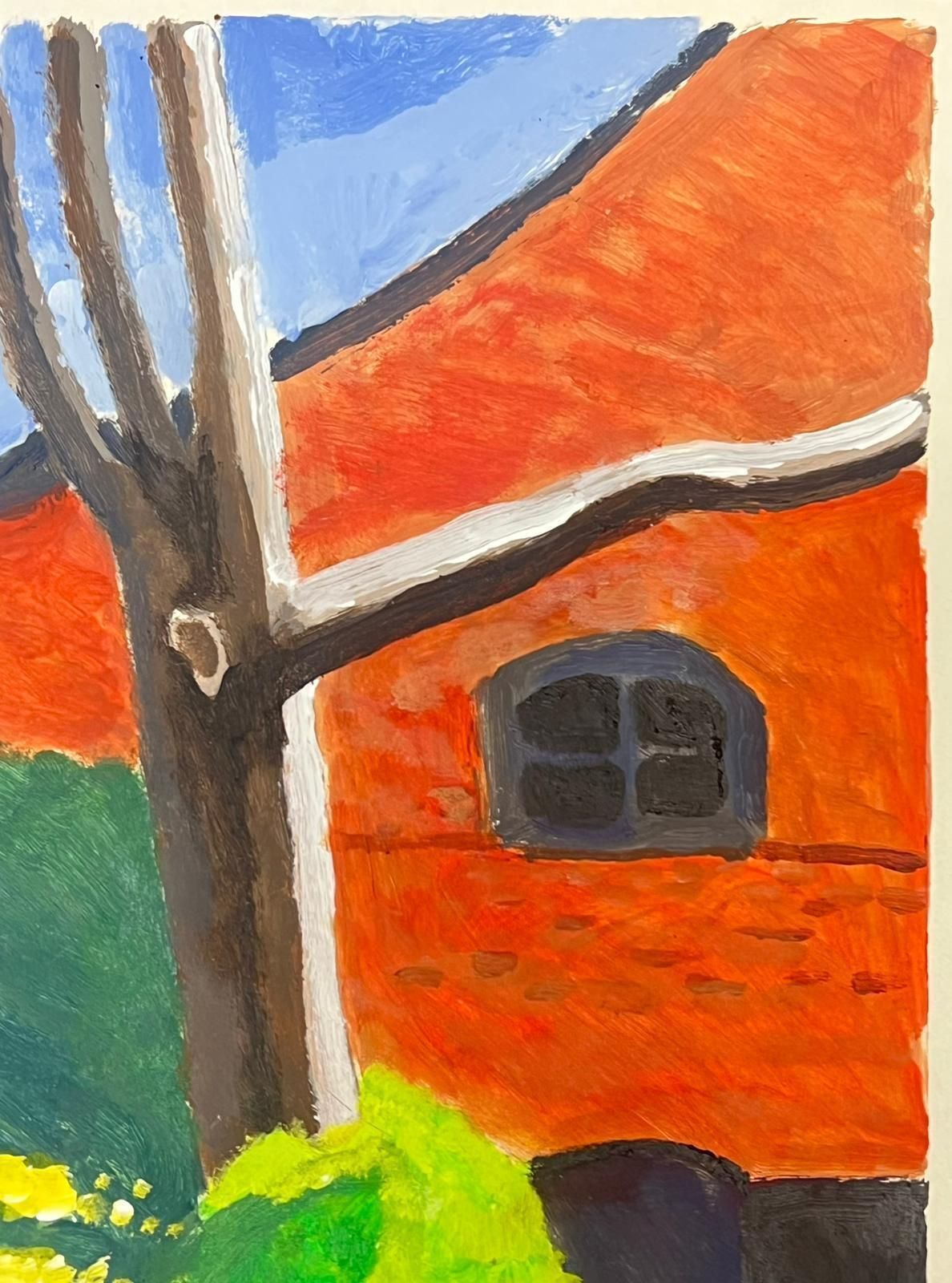 Jill Jacksonbold Landscape Painting With Red Roof And Lush Green Foliage photo for sale