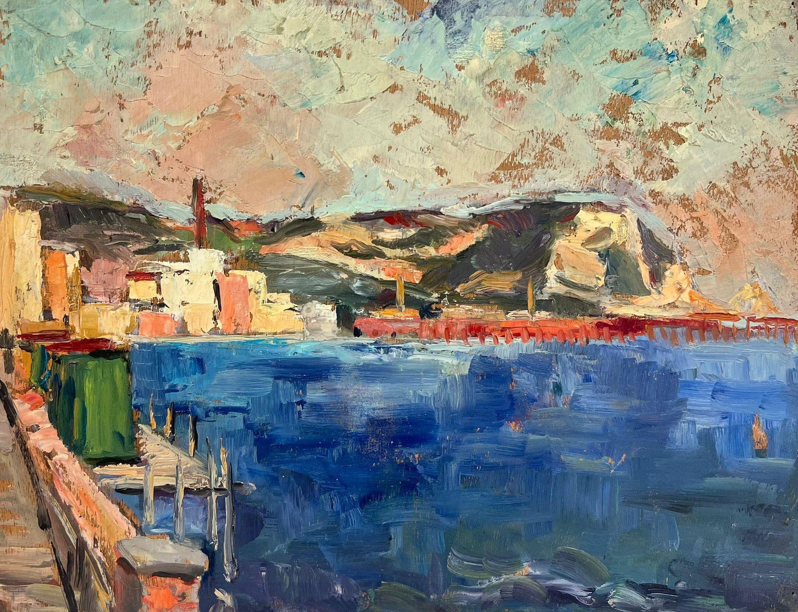 Regine Davidvibrant Coastal Scene Serene Bright Blue Harbor Landscape1950's