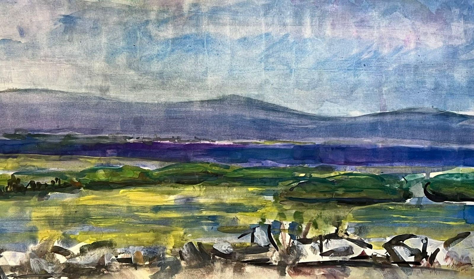 édouard Righetti (1924 2001)expansive Landscape With Mountains And Open Fields Vibrant Watercolor Scene1950's photo 687.0