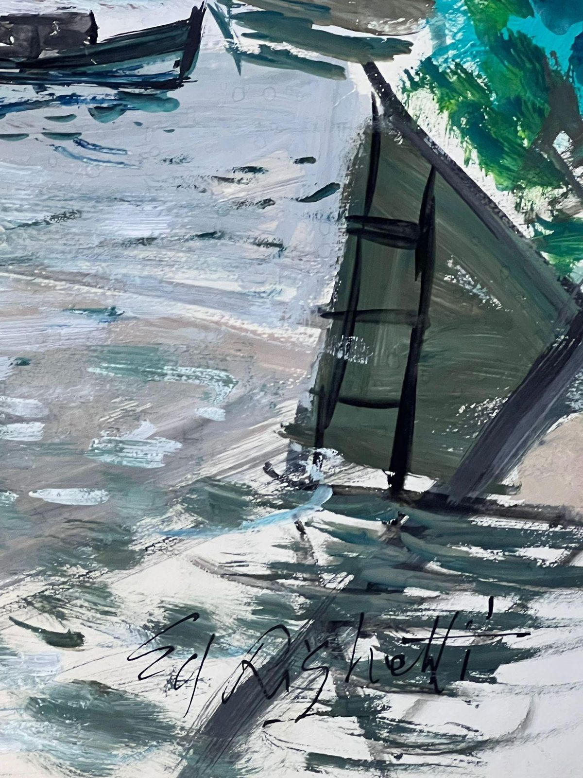 édouard Righetti (1924 2001)architectural Bridge Scene With Reflections On Water Featuring Boats1950's photo for sale