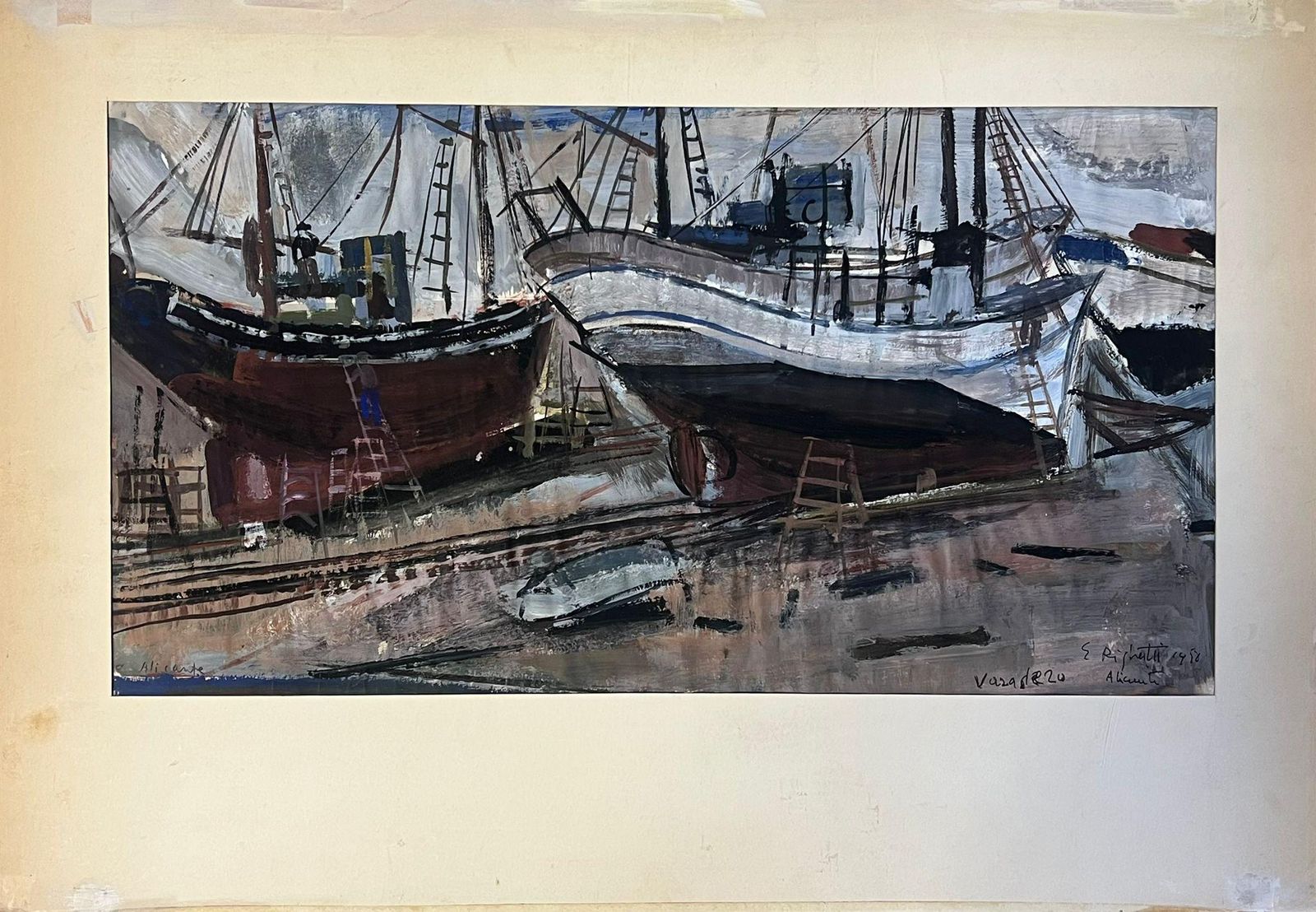 édouard Righetti (1924 2001)french Post Impressionist Oil Maritime Scene With Docked Fishing Boats1960’s photo furniture