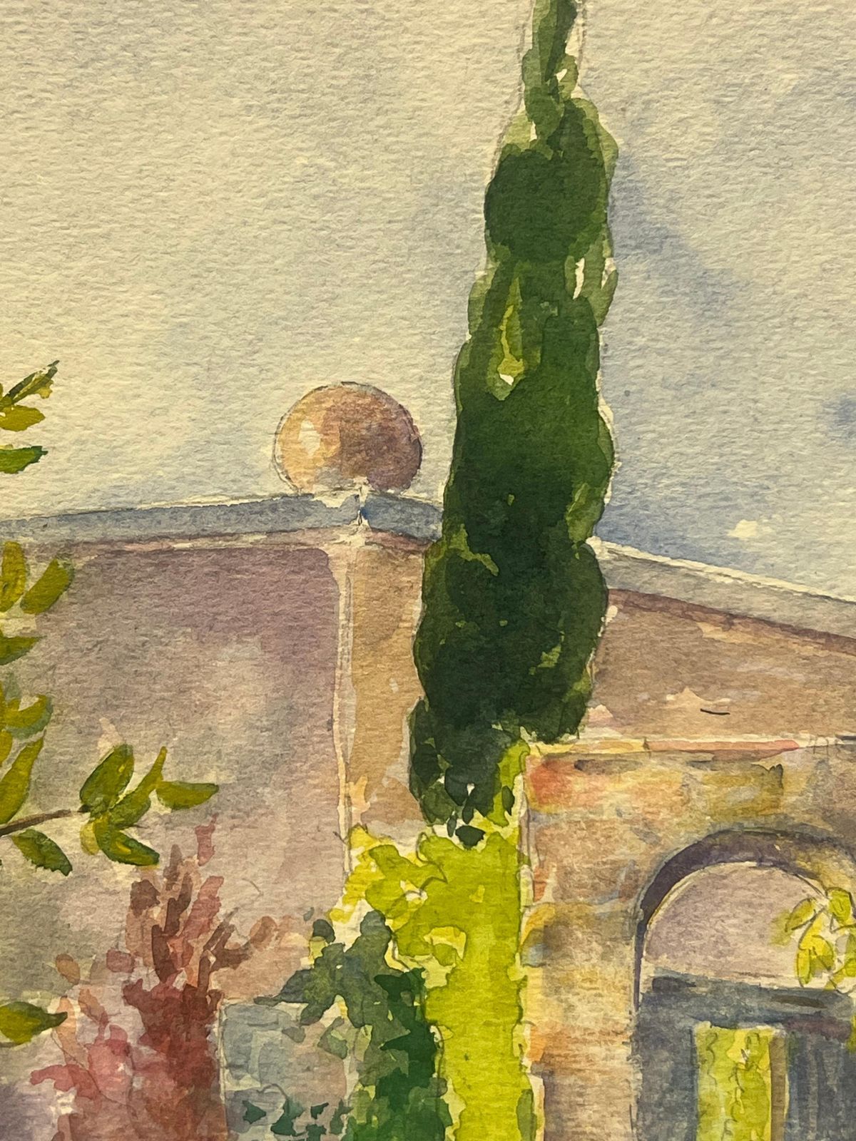 Regine Davidvilla Hyères Garden Scene With Cypress And Stone Archway Vibrant Watercolor1986 photo for sale