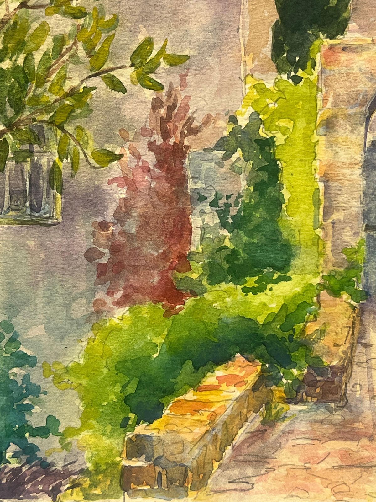 Regine Davidvilla Hyères Garden Scene With Cypress And Stone Archway Vibrant Watercolor1986 photo 351.0
