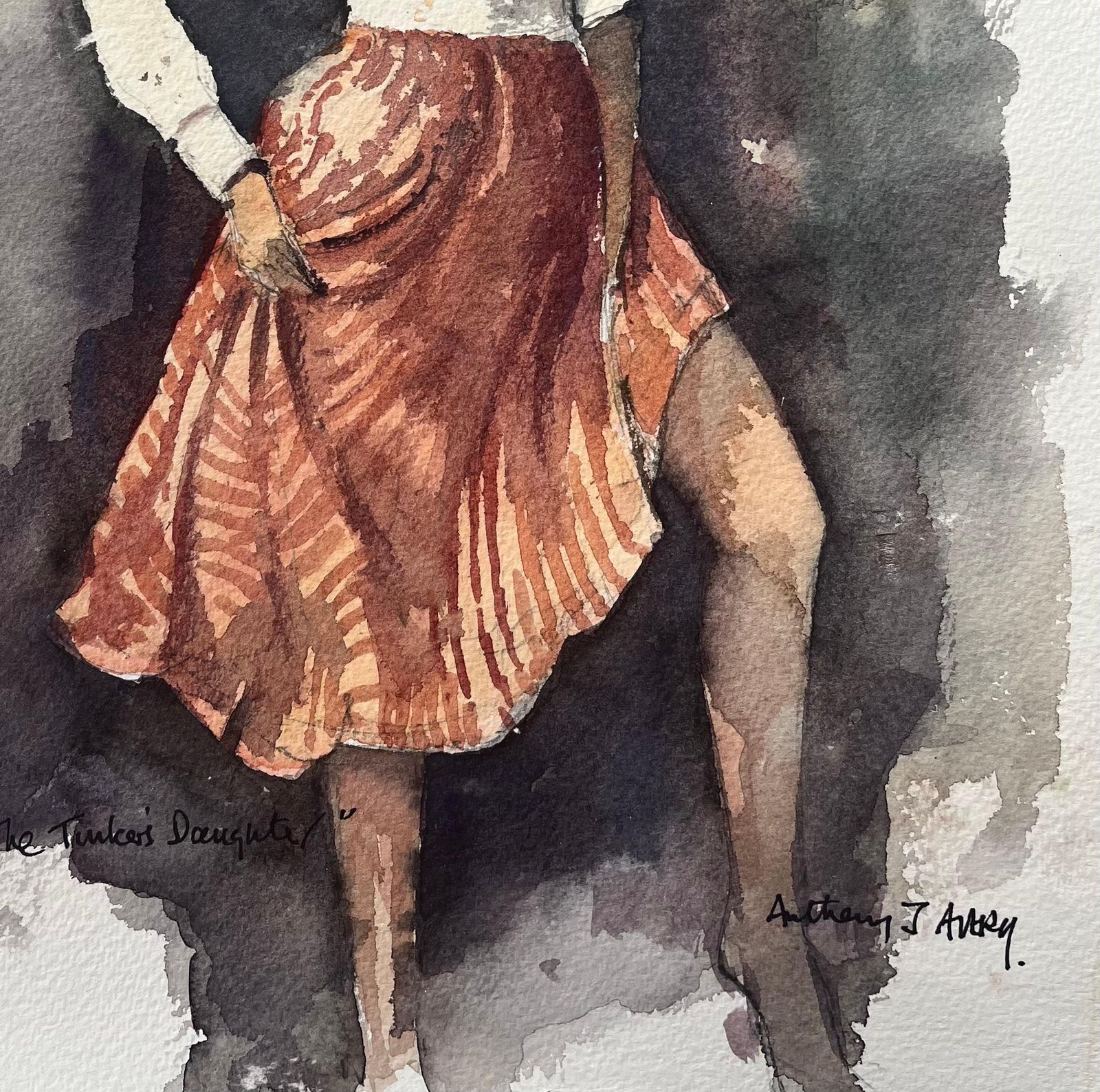 Anthony Averybritish Impressionist Watercolor Of A Woman In Red Skirt   The Tinker's Daughter photo for sale