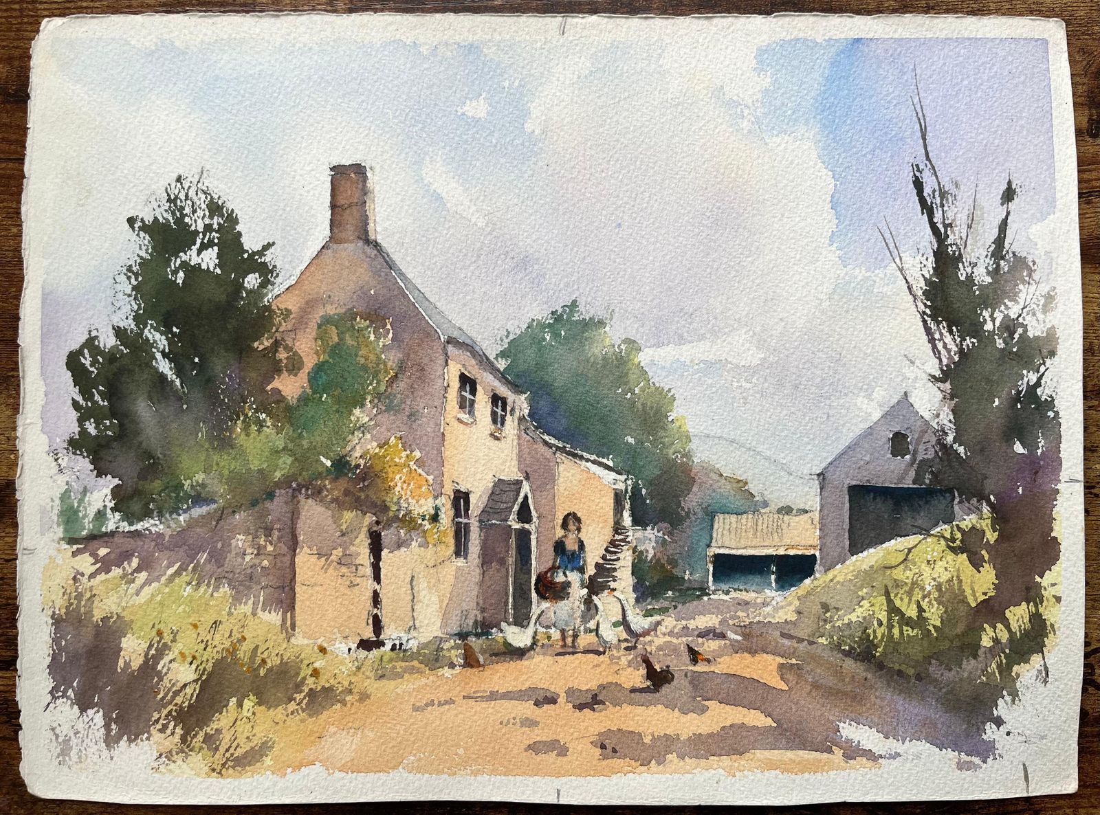 Anthony Averybritish Impressionist Watercolor Of Farmyard Scene Of Figure Feeding Birds photo furniture