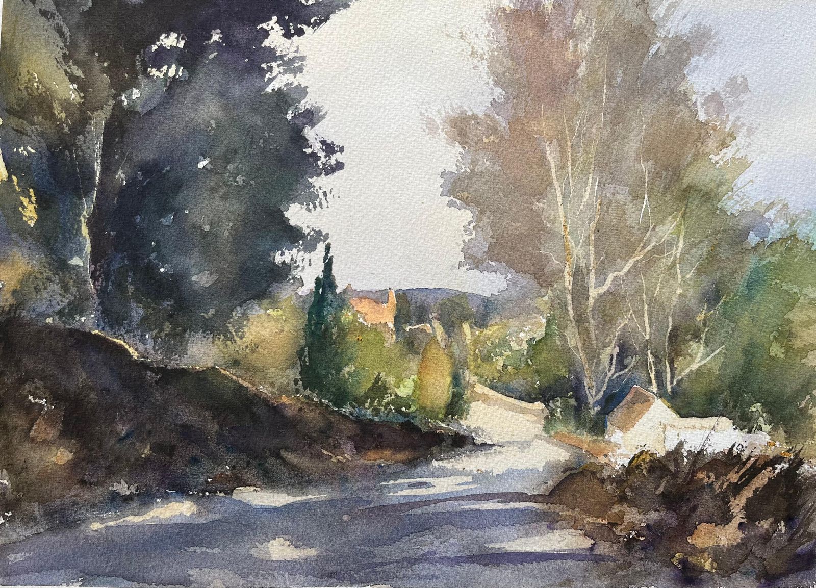 Anthony Averybritish Impressionist Watercolor Of Shaded Woodland Path With Sunlit Openings