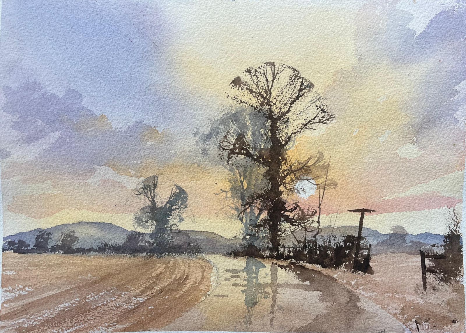 Anthony Averybritish Impressionist Watercolor Of Landscape At Dusk With Trees And Shadows