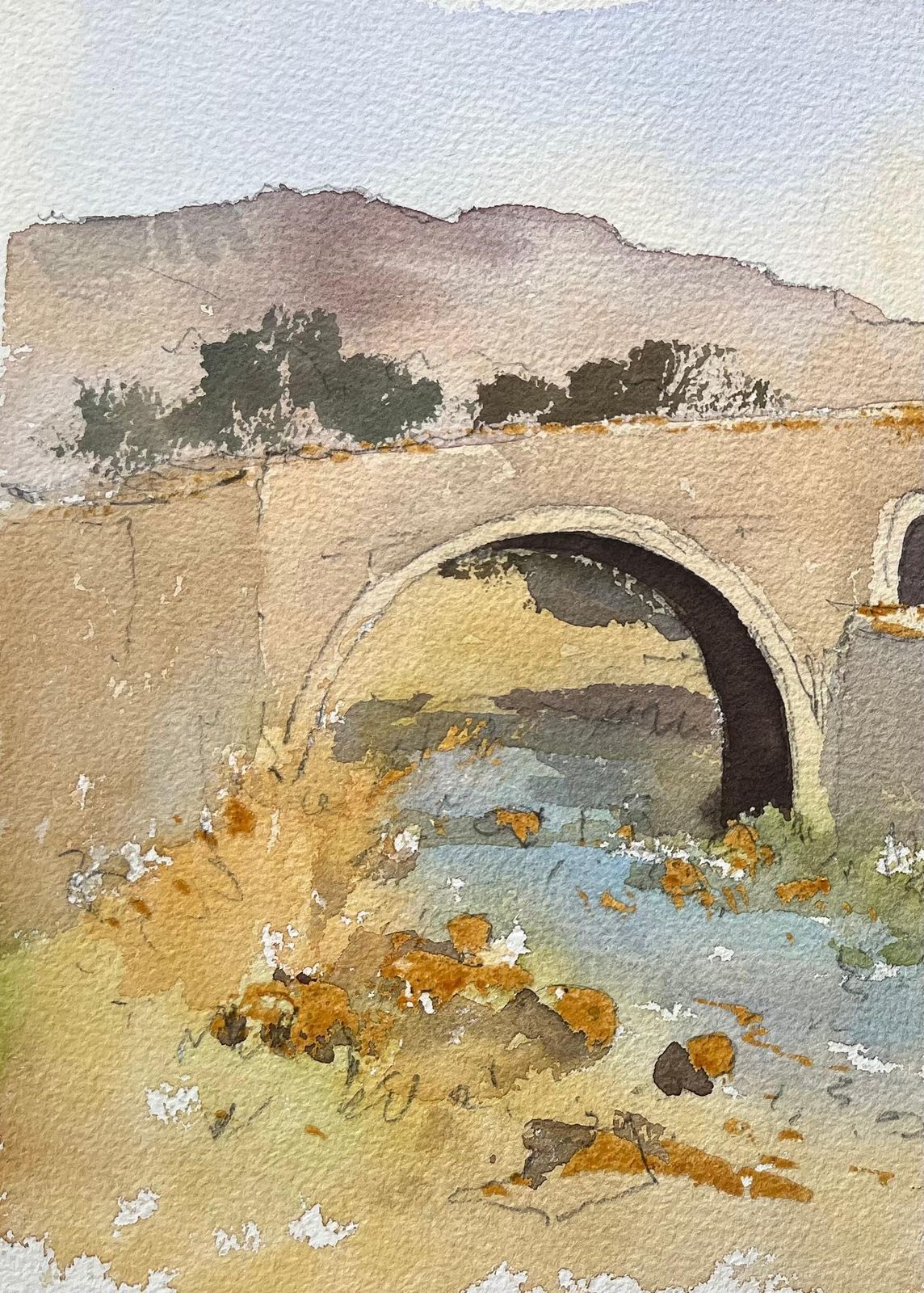Anthony Averybritish Impressionist Watercolor Of Historic Bridge Over A Stream With Fishermen photo 382.0