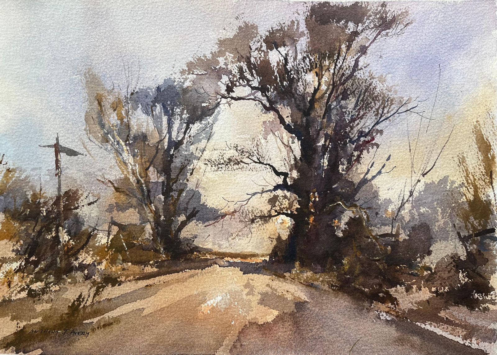Anthony Averybritish Impressionist Watercolor Of A Country Lane In Winter Light