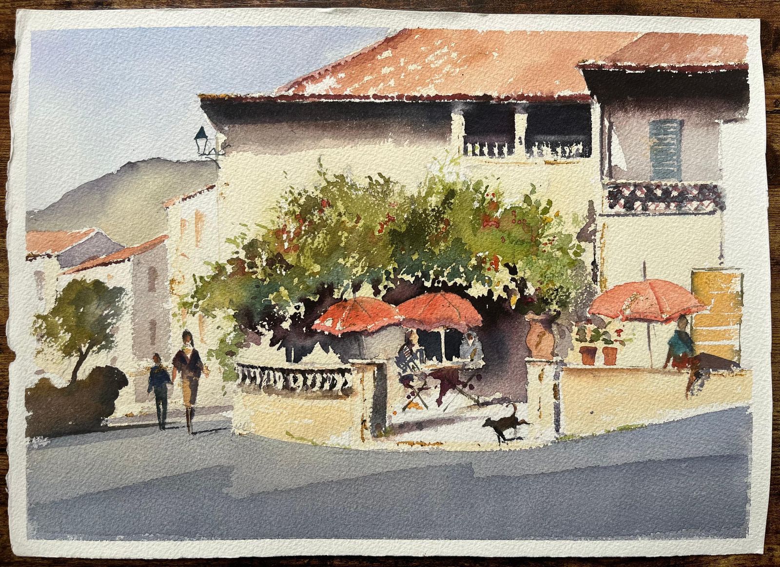 Anthony Averybritish Impressionist Watercolor Of Terrace Café Scene With Red Umbrellas photo furniture