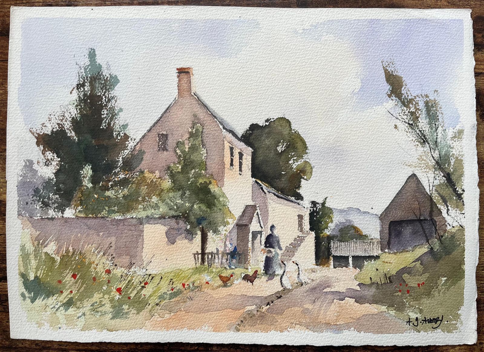 Anthony Averyimpressionist Watercolor Of French Countryside Farmhouse With Chickens And Geese photo furniture