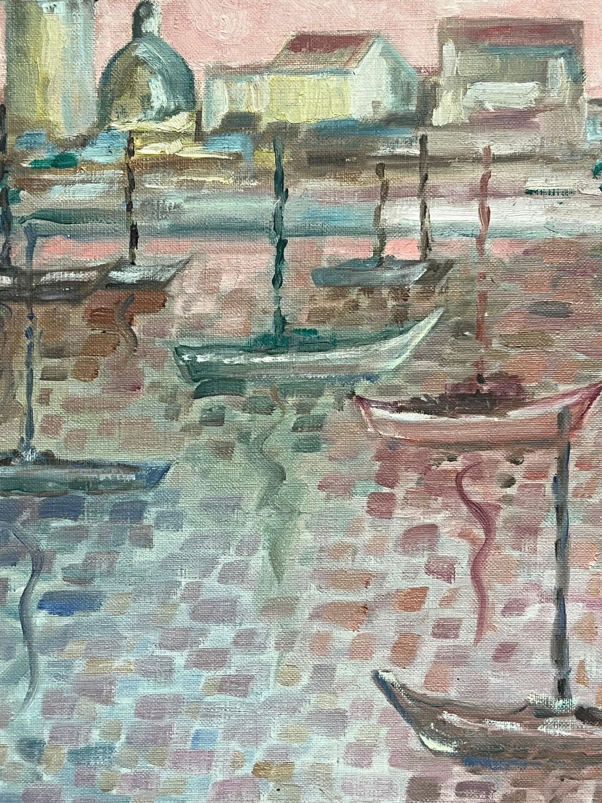 French Schoolfrench Pointillist Harbor Scene With Boats Pastel Tones Signed Oil Painting 20th Century photo for sale