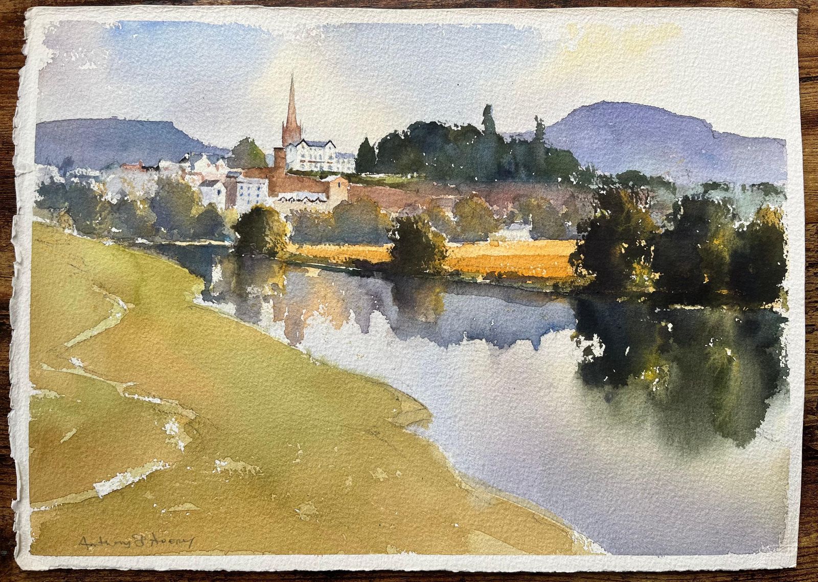 Anthony Averybritish Impressionist Watercolor Of Riverside Town And Church With Reflections photo furniture