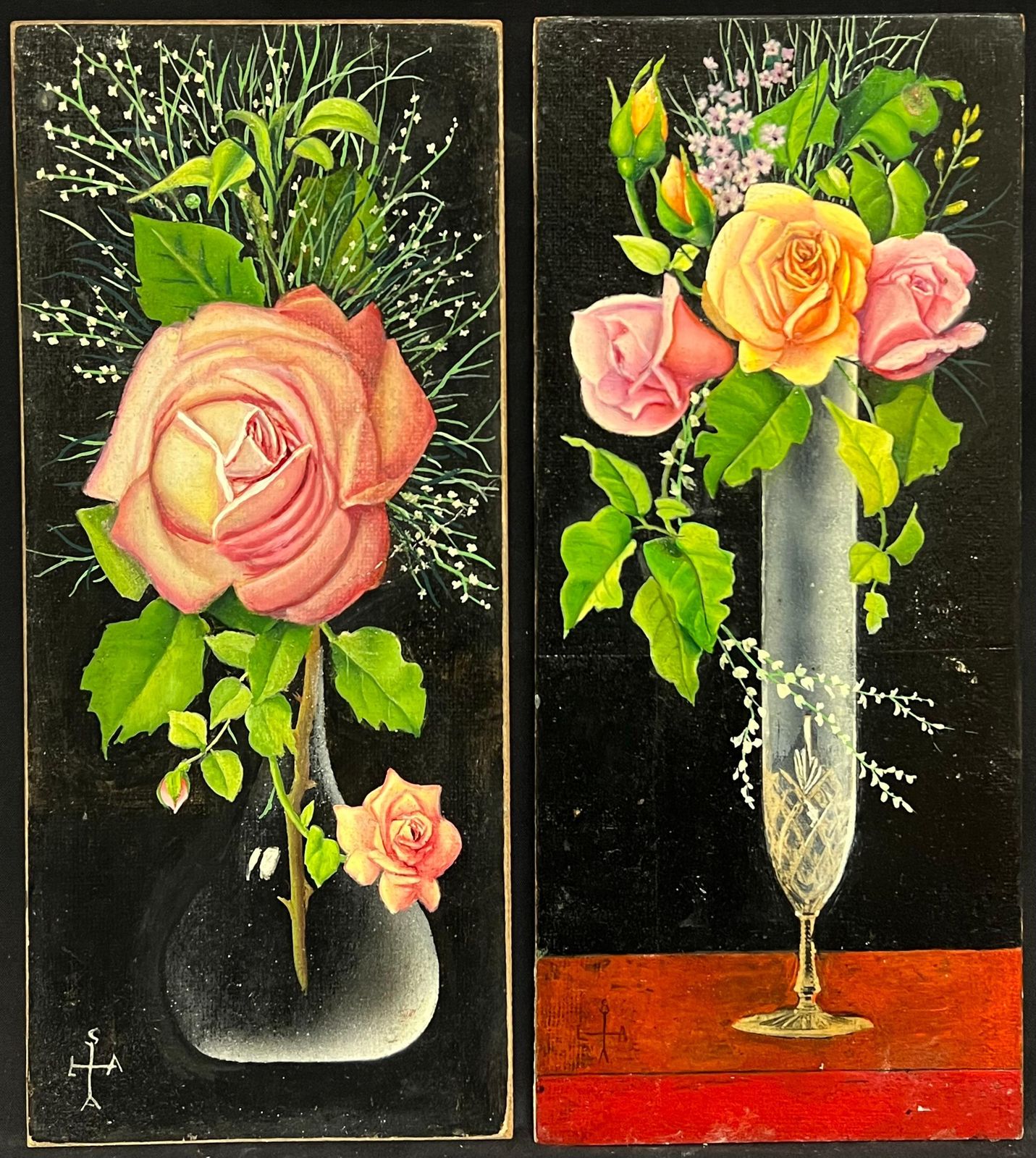 French Artistpair Mid 20th Century French Still Life Painting Ornate Flowers In Glass Vase1950 photo furniture