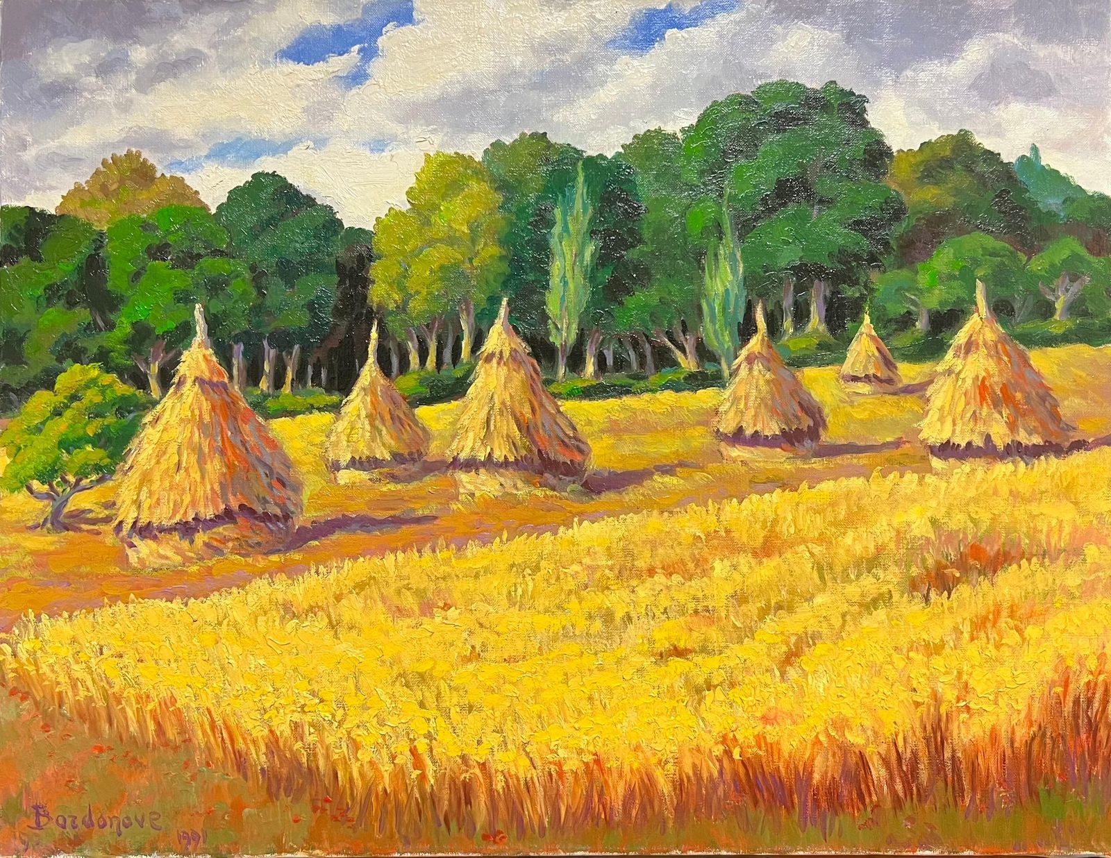 Georges Bordonovefrench Impressionist Oil Painting Golden Harvest Landscape With Haystacks