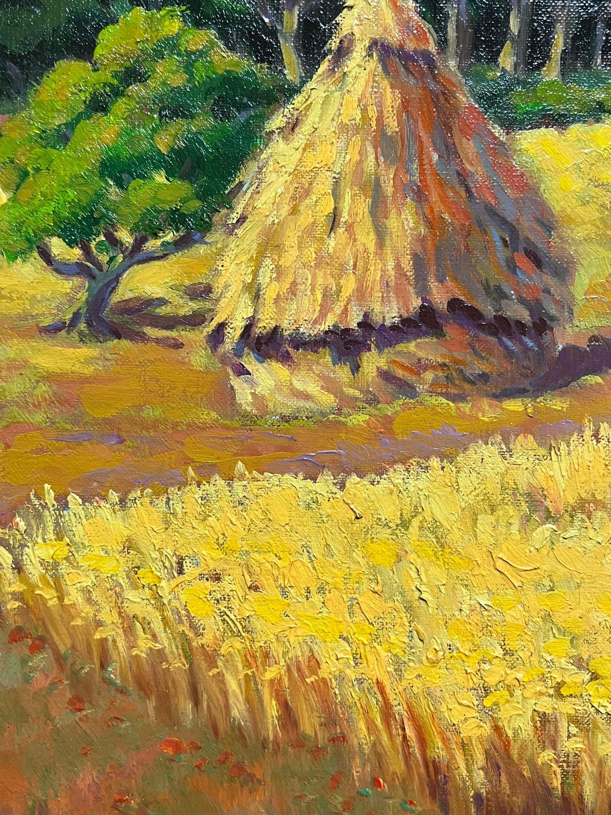 Georges Bordonovefrench Impressionist Oil Painting Golden Harvest Landscape With Haystacks photo vintage
