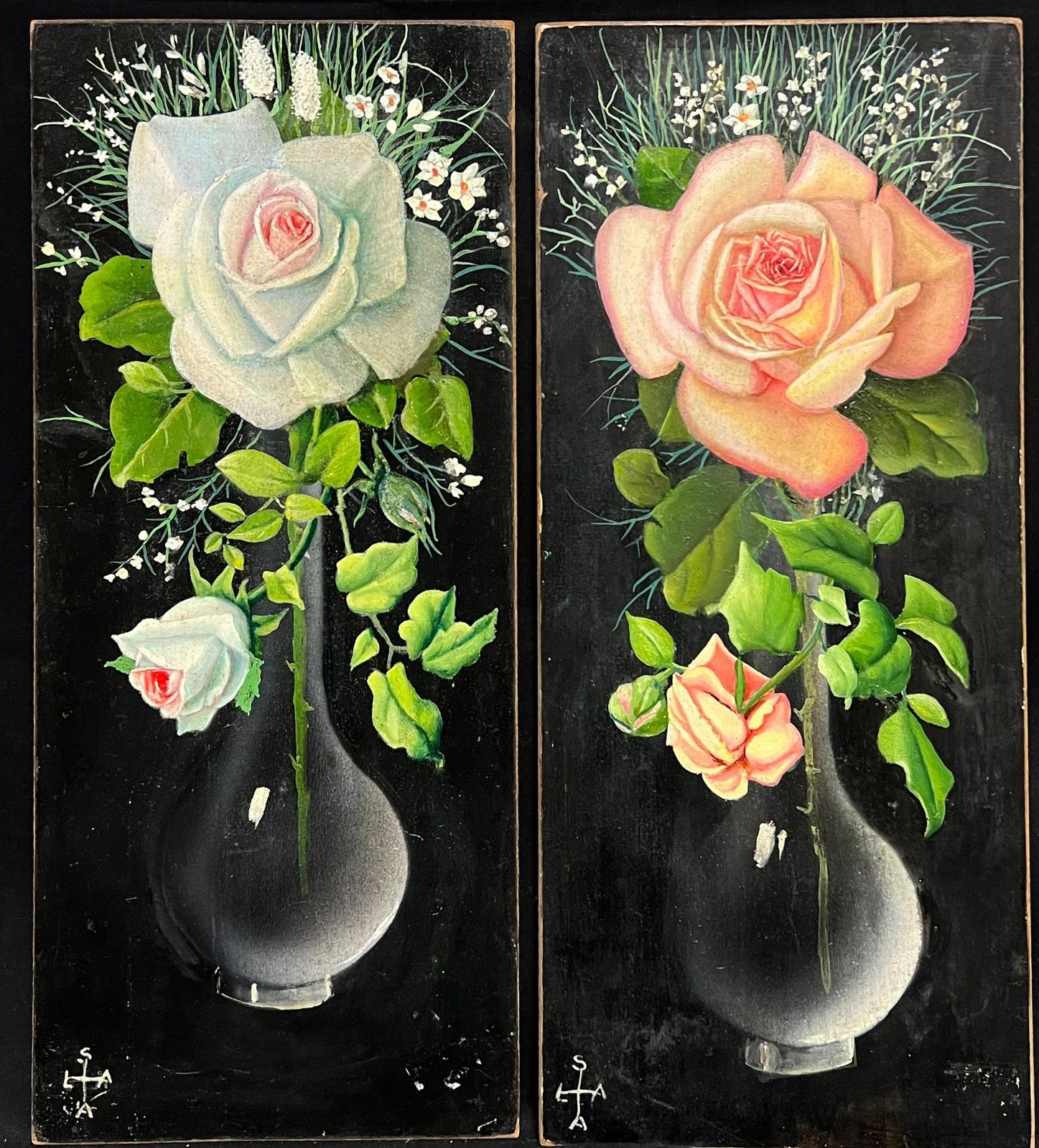 French Artistpair Mid 20th Century French Still Life Painting Ornate Flowers In Glass Vase1950 photo furniture