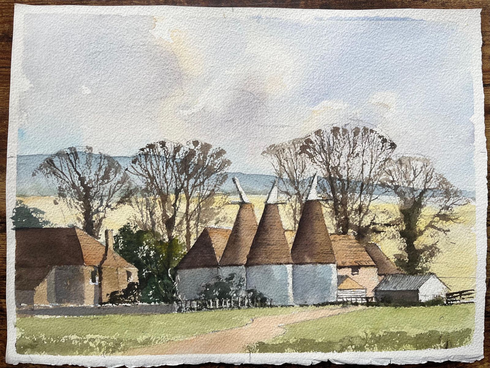 Anthony Averybritish Impressionist Watercolor Of Rural Farm With Oast Houses photo furniture
