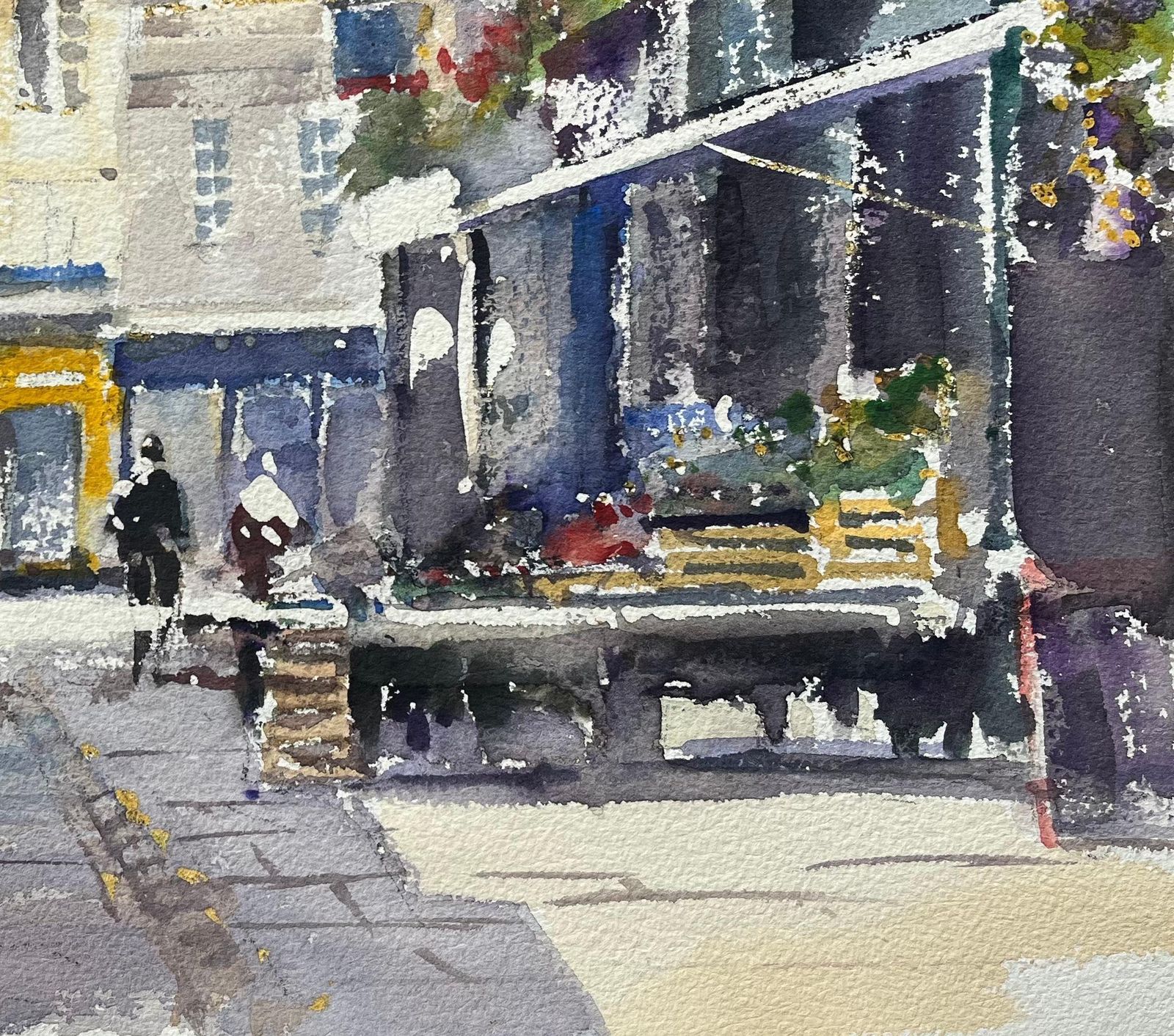 Anthony Averybritish Impressionist Watercolor Of Bustling Market Street With Flower Stalls photo for sale